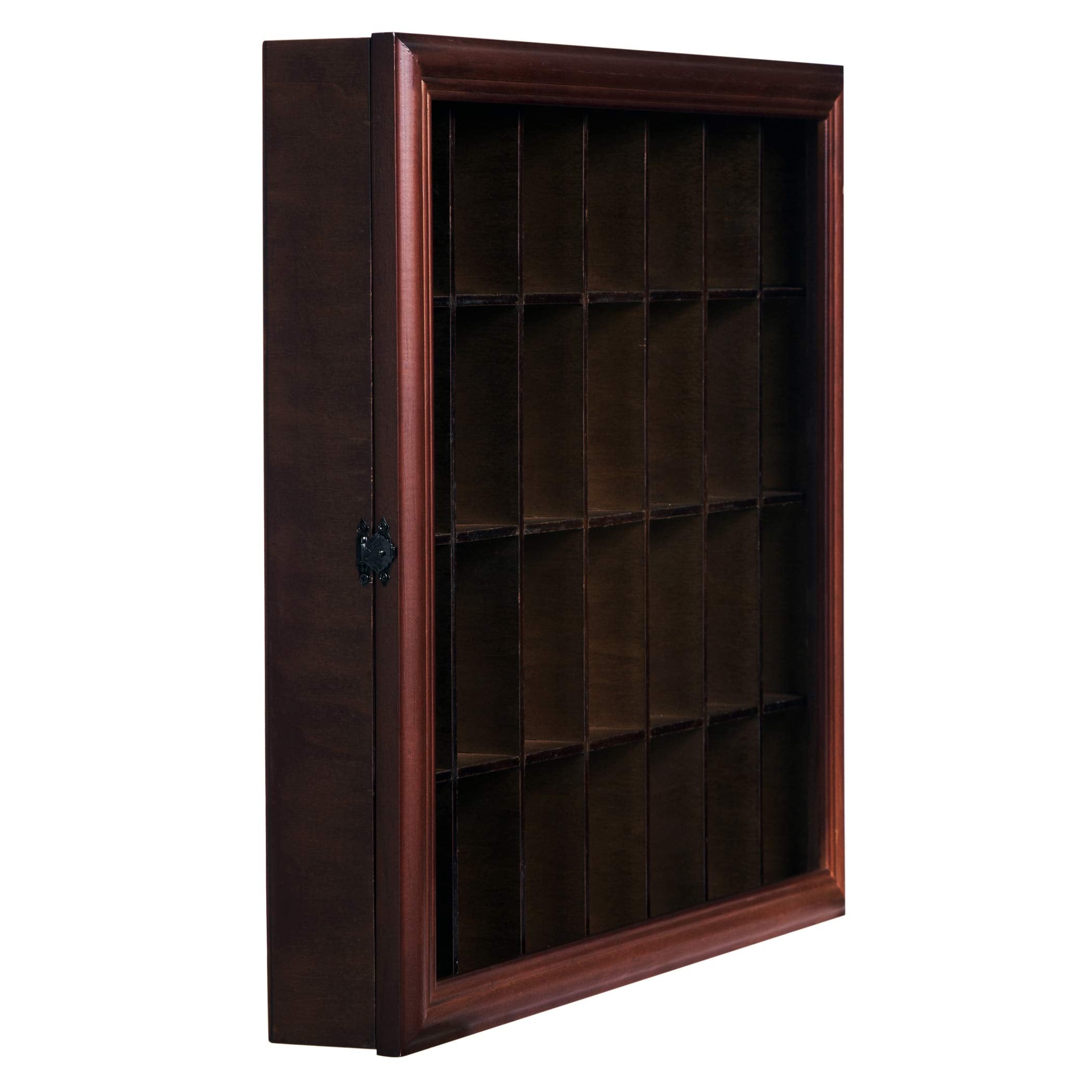 Gallery Solutions - 18X16 Shot Glass Collection - Display Case - Hinged Front - Shot Glass Collection - Cherry Walnut - 28 Shot