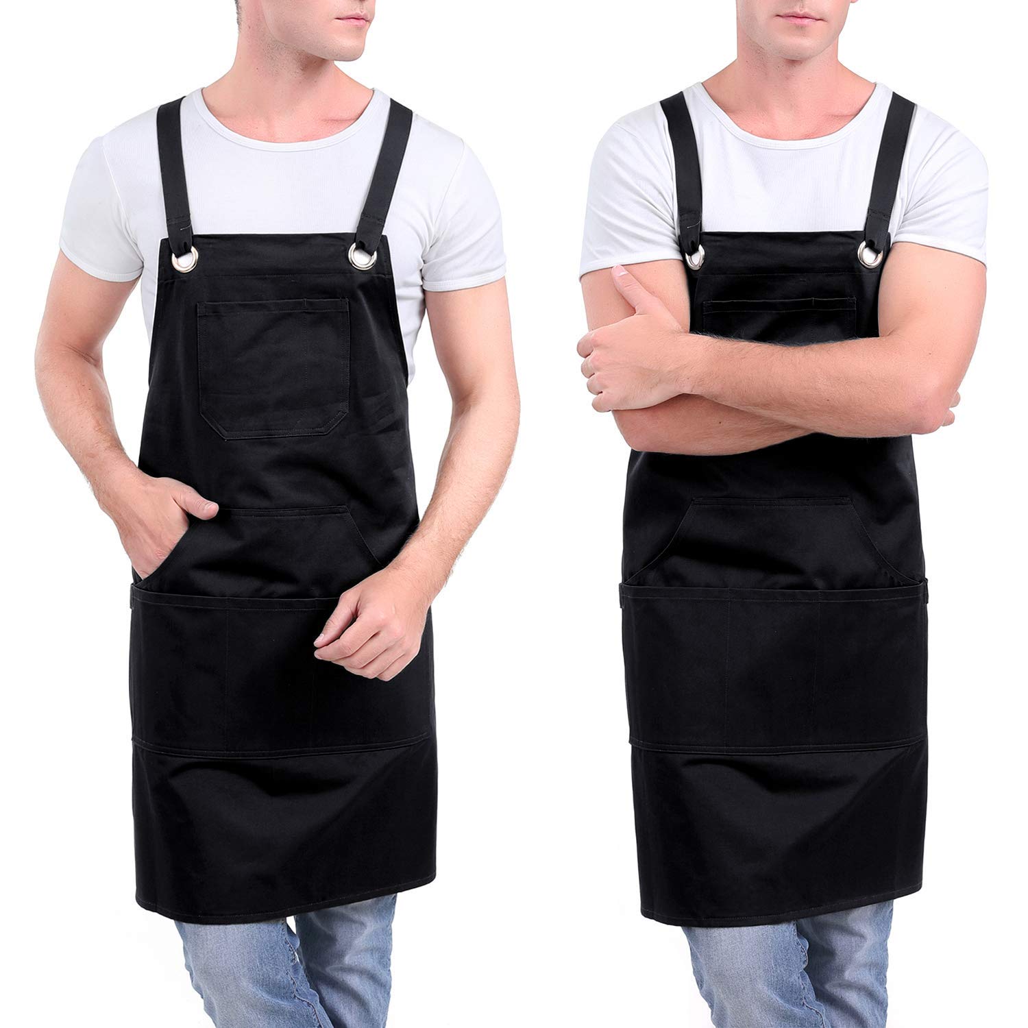 Professional Sturdy Apron, Cross Back + Quick Release Buckle + 6 Pockets (100% Cotton, 27'' X 31'')