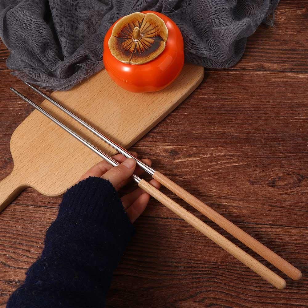 2 Pair Natural Beech Wood Sushi Chopsticks, 15 Inch Non-Slip Stainless Steel Chopsticks, Extra Long Noodle Hot Pot Chopstick Chi