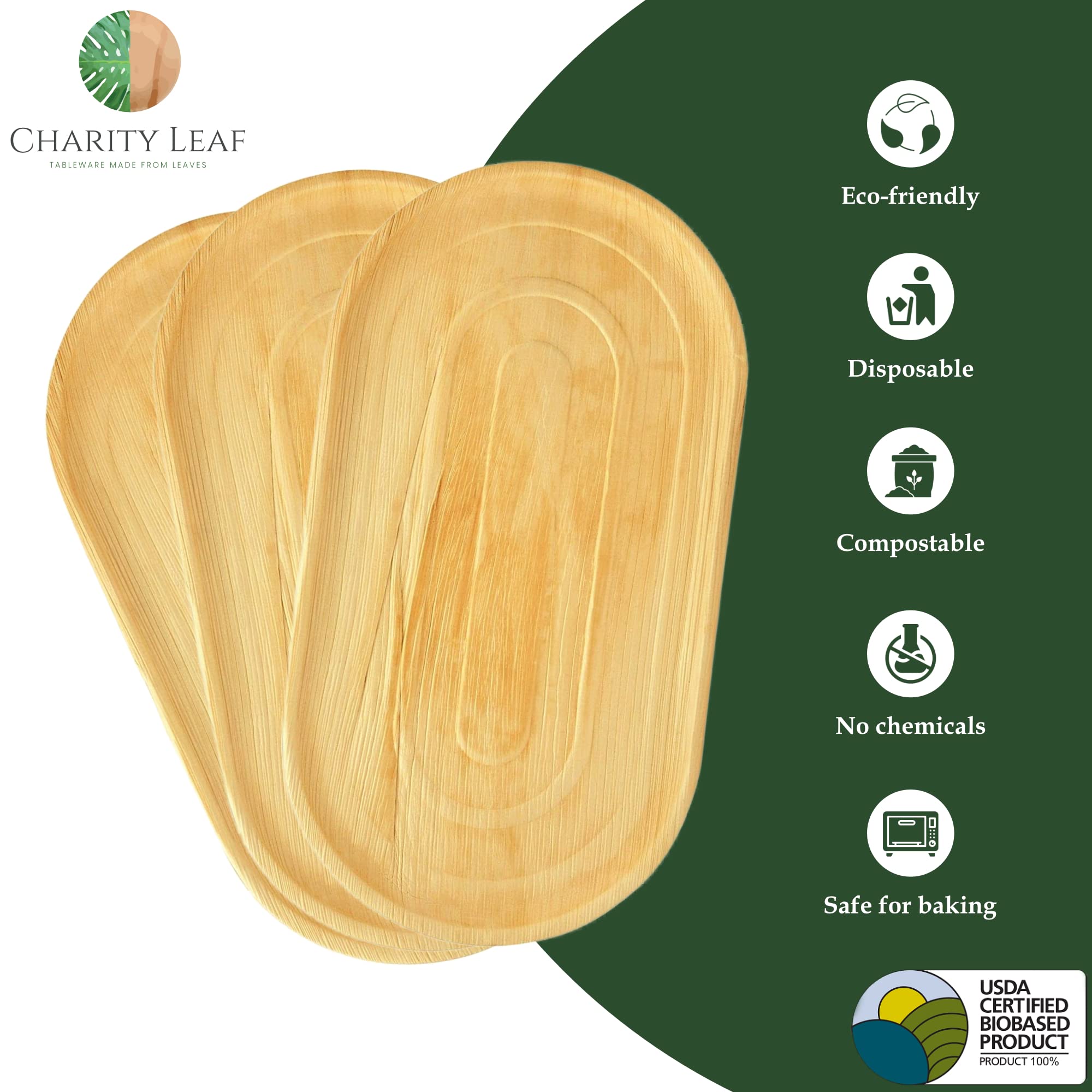 Charity Leaf 10-Pack 22''X12'' Palm Leaf Trays | Eco-Friendly, Compostable Platters For Weddings, Charcuterie Boards & Events