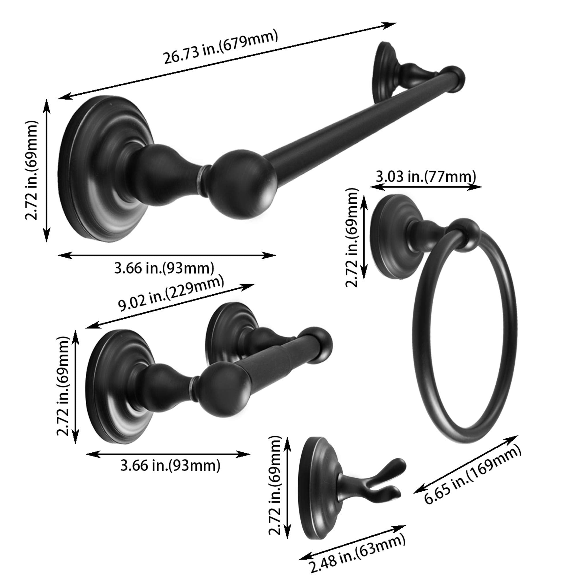 Sento Robiki Black Bathroom Accessories Set, Bath Hardware, Includes Robe Hook, Toilet Paper Holder, Towel Ring, 18    & 24    T