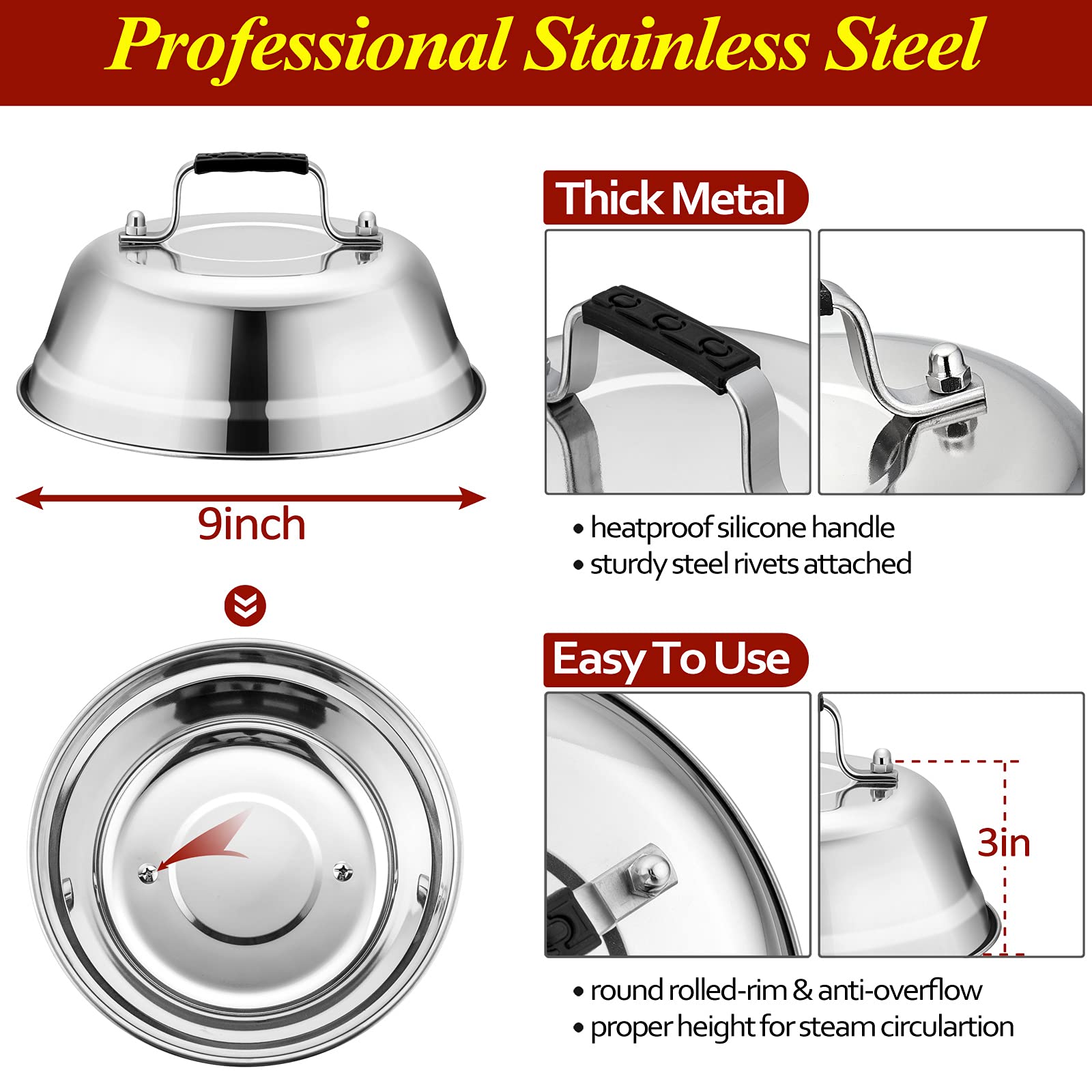 Cheese Melting Dome 12Inch & 9Inch  HaSteeL Stainless Steel Round Steaming Basting Cover Set  Heavy Duty Griddle Grill Accessories for Flat Top Griddle Teppanyaki BBQ Cooking Indoor & Outdoor - 3Packs