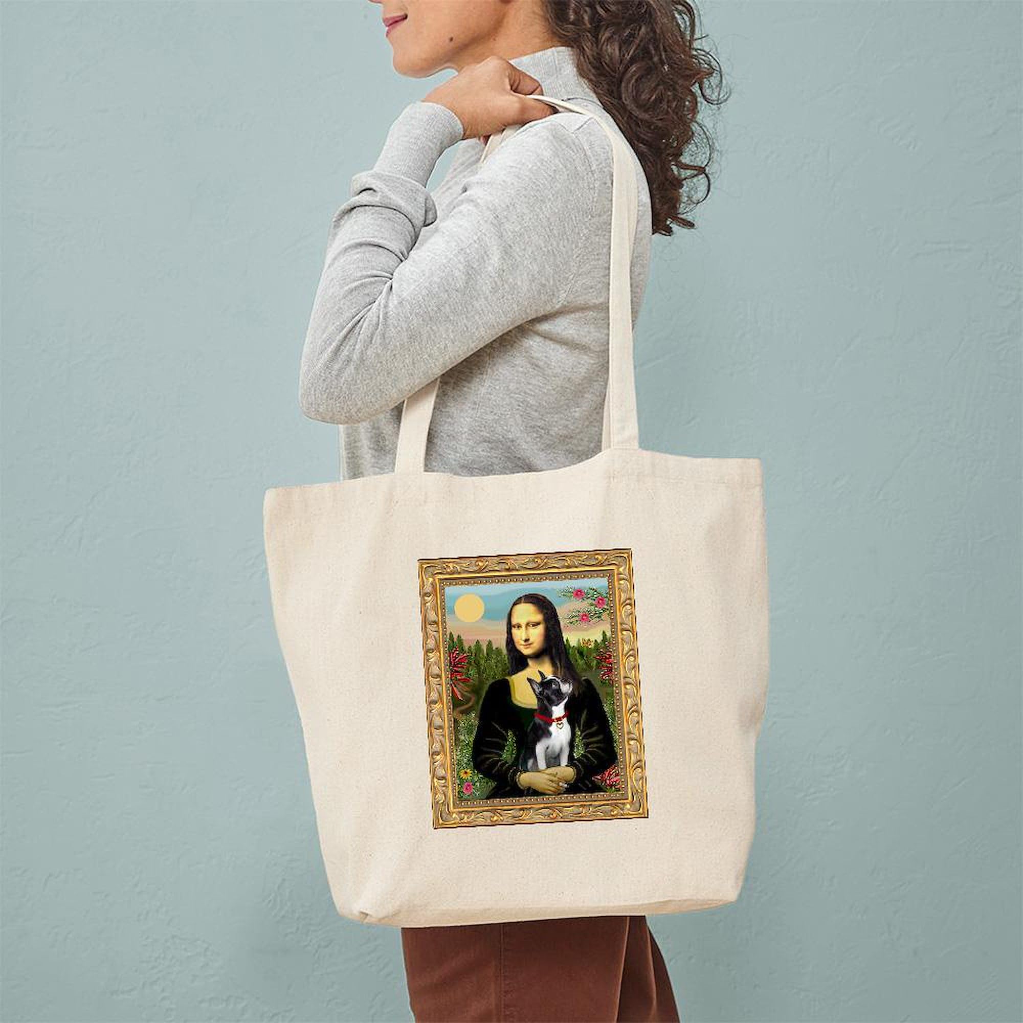 Cafepress Mona Lisa & Her Boston Terrier Tote Bag Natural Canvas Tote Bag, Reusable Shopping Bag