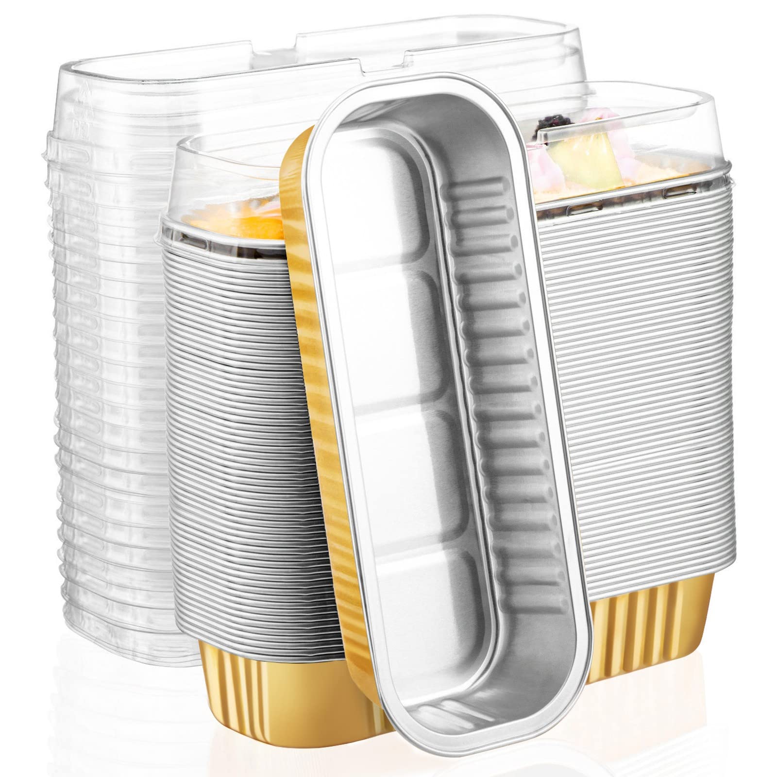 EUSOAR Baking Cups with Lids, 100pcs 6.8oz 6.5x2.5x1.2 Gold Aluminum Foil Ramekins Baking Cups Mini Loaf Pans with Lids Dispo