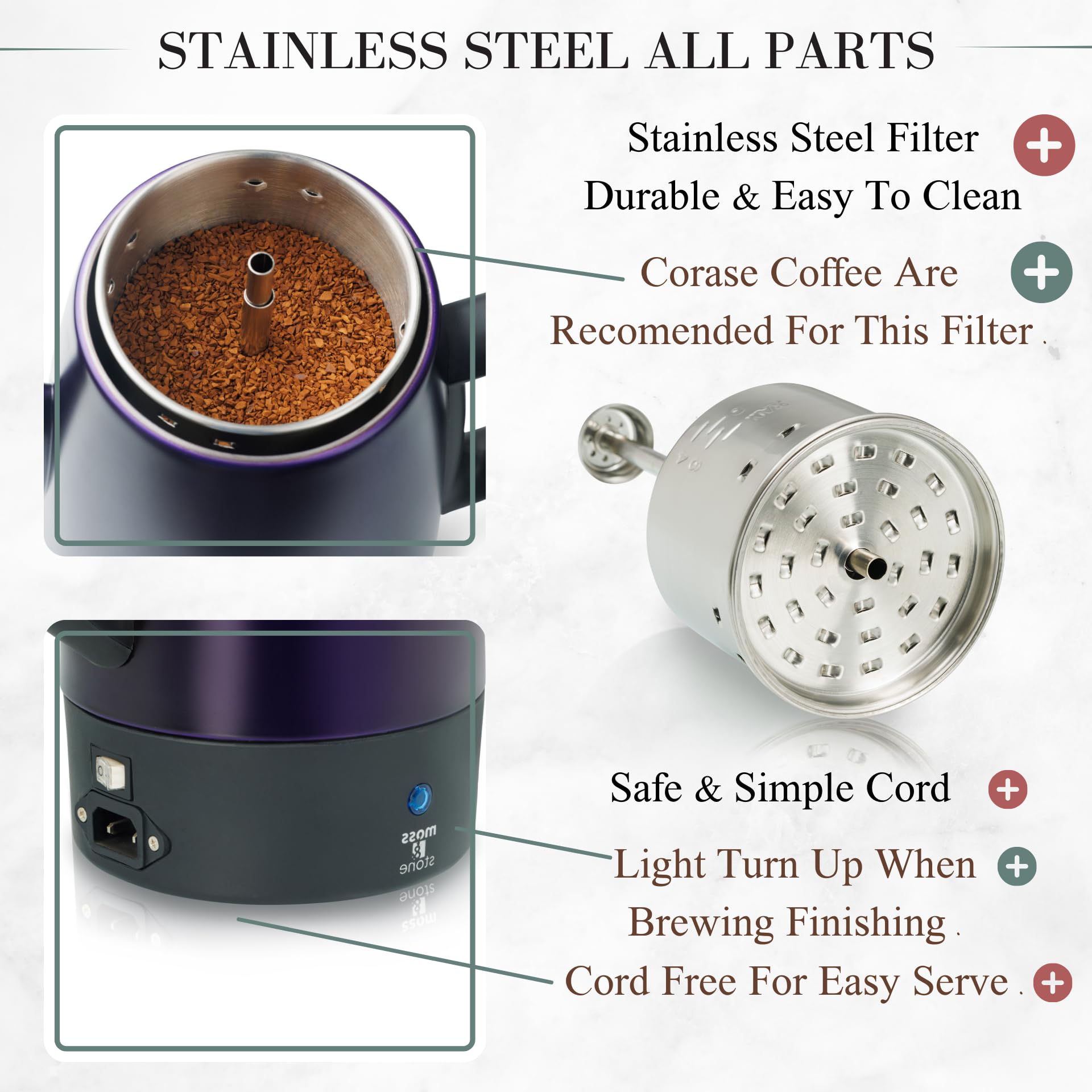 Moss & Stone Electric Coffee Percolator, 10 Cup, Stainless Steel, Purple, Model EPMPP-8MS, Keep Warm Function, 54 oz