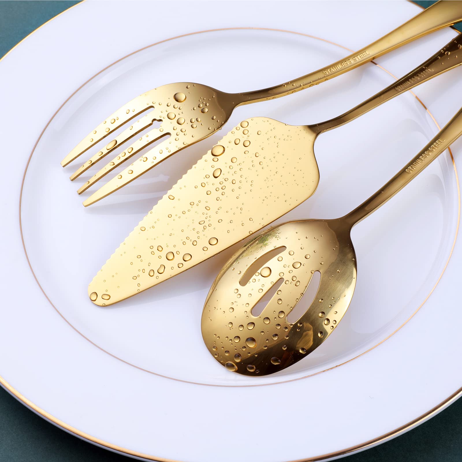 Gold Serving Utensils, Ogori 10-Piece Polished Stainless Steel Gold Serving Utensils Set Include Serving Spoons, Slotted Serving