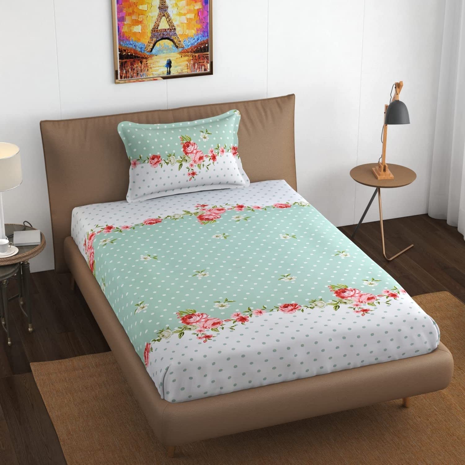 Spanglehomes 100% Soft Glace Cotton Elastic Fitted Single Bed Bedsheet With 1 Large Pillow Cover(Single Bed 36 X72X6 Inches,Gree