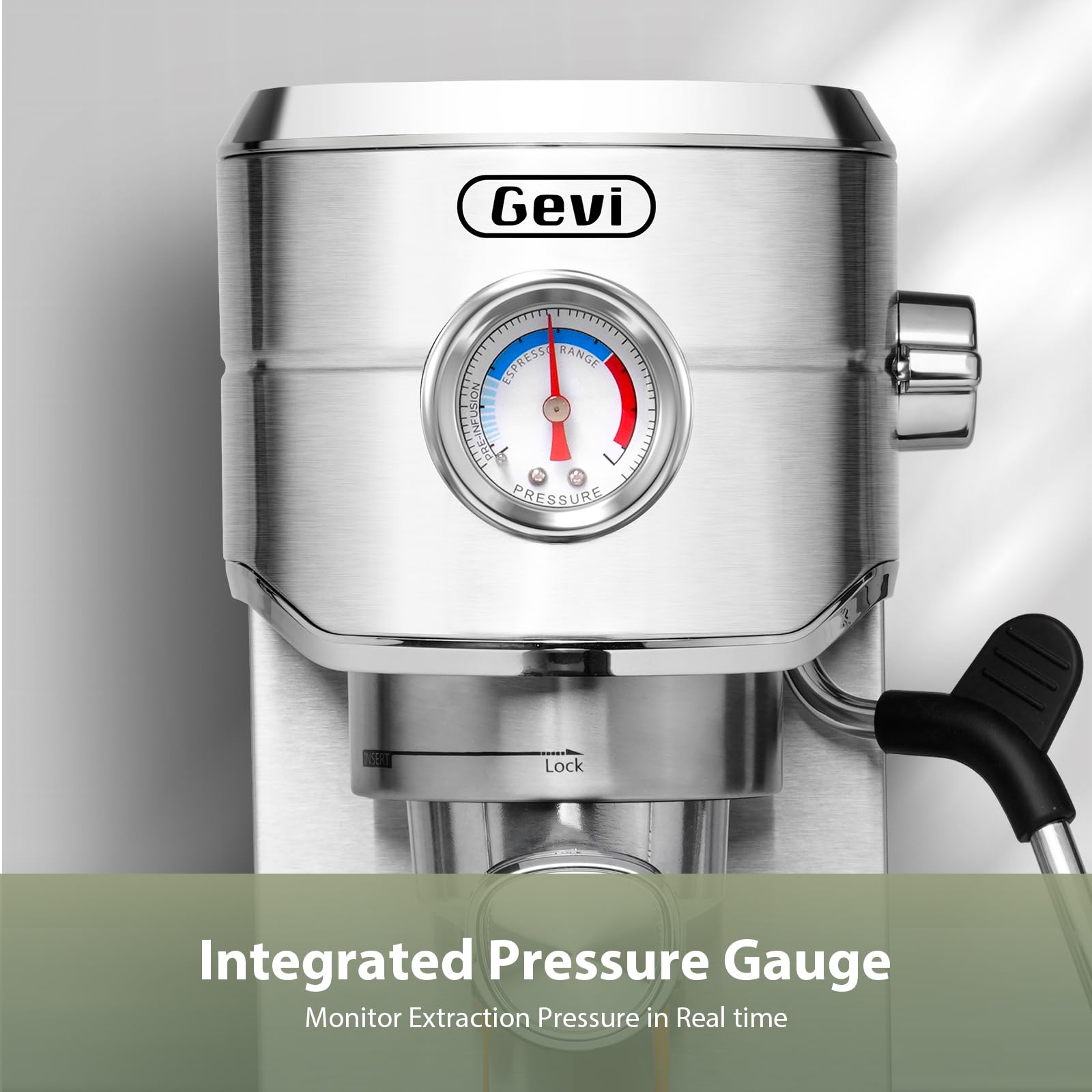 Gevi 20 Bar Espresso Maker with Milk Frother, Stainless Steel, 12.3"D x 5.5"W x 12"H, Compact Cappuccino Machine, Sterling Silver