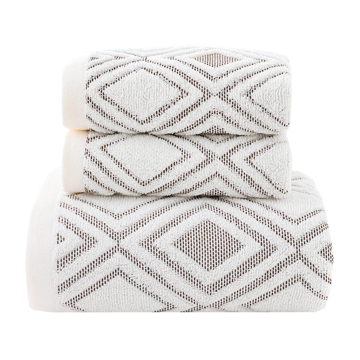 Pidada Bath Hand Towel Set Of 3 Diamond Pattern 100% Cotton Absorbent Soft Decorative Towels For Bathroom (Beige Brown)