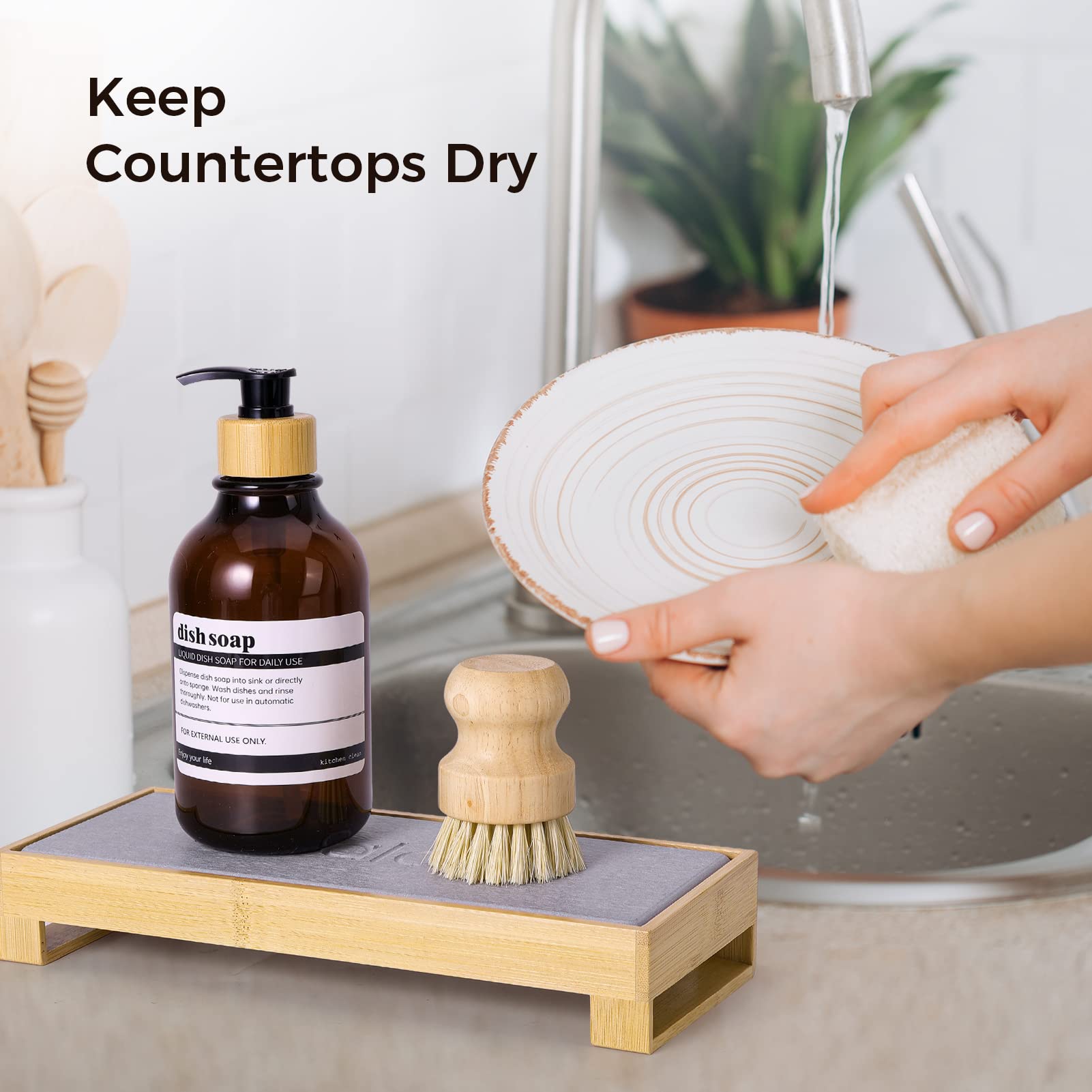 Wealone 3-In-1 Sink Caddy Instant Dry Sink Organizer, Fast Drying Diatomaceous Earth Stone, Kitchen Sponge Holder, Water Absorbi