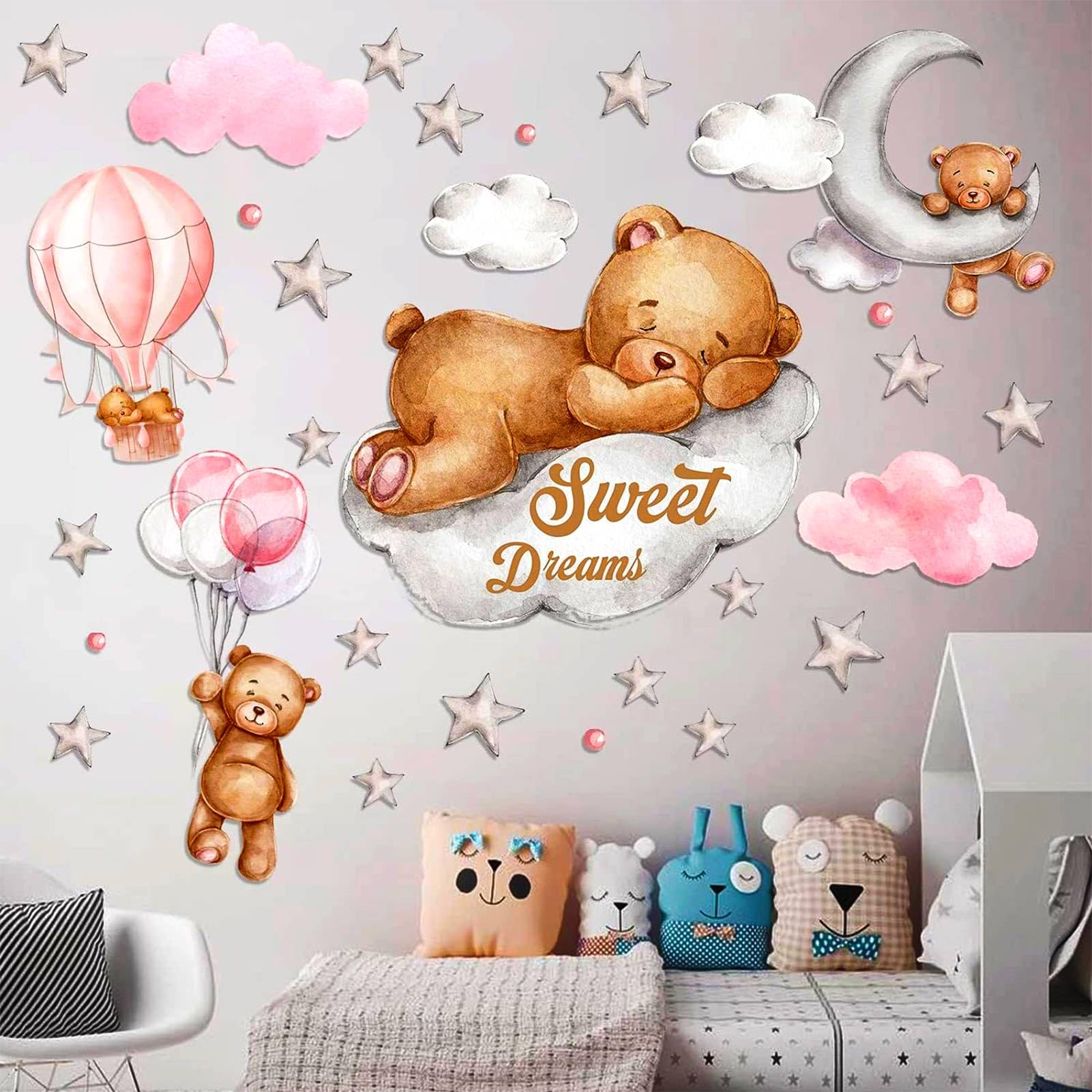 Tedy Bear Wall Stickers, Bear Nursery Wall Decor, Bear Sleeping On The Moon And Stars Wall Stickers For Nursery, Babies Room Bea