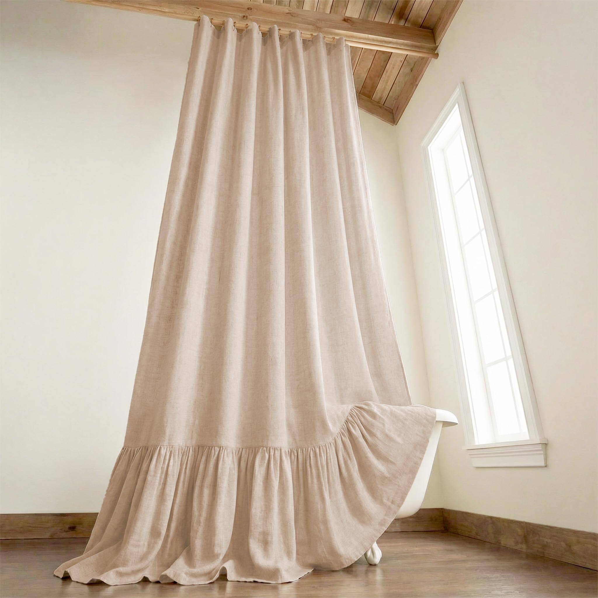 Xoguibo Farmhouse Shower Curtain With Ruffle Hem Linen Beige Shower Curtains For Bathroom Country Vintage Rustic Natural Fabric,