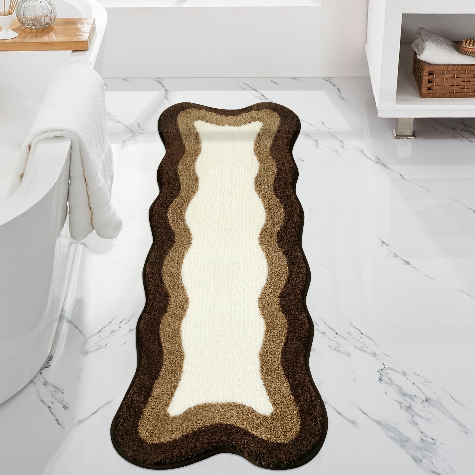 Haocoo Brown Long Bathroom Rug Runner, Microfiber Absorbent Boho Bath Mats For Bathroom Non-Slip, Washable Soft Plush Shower Mat