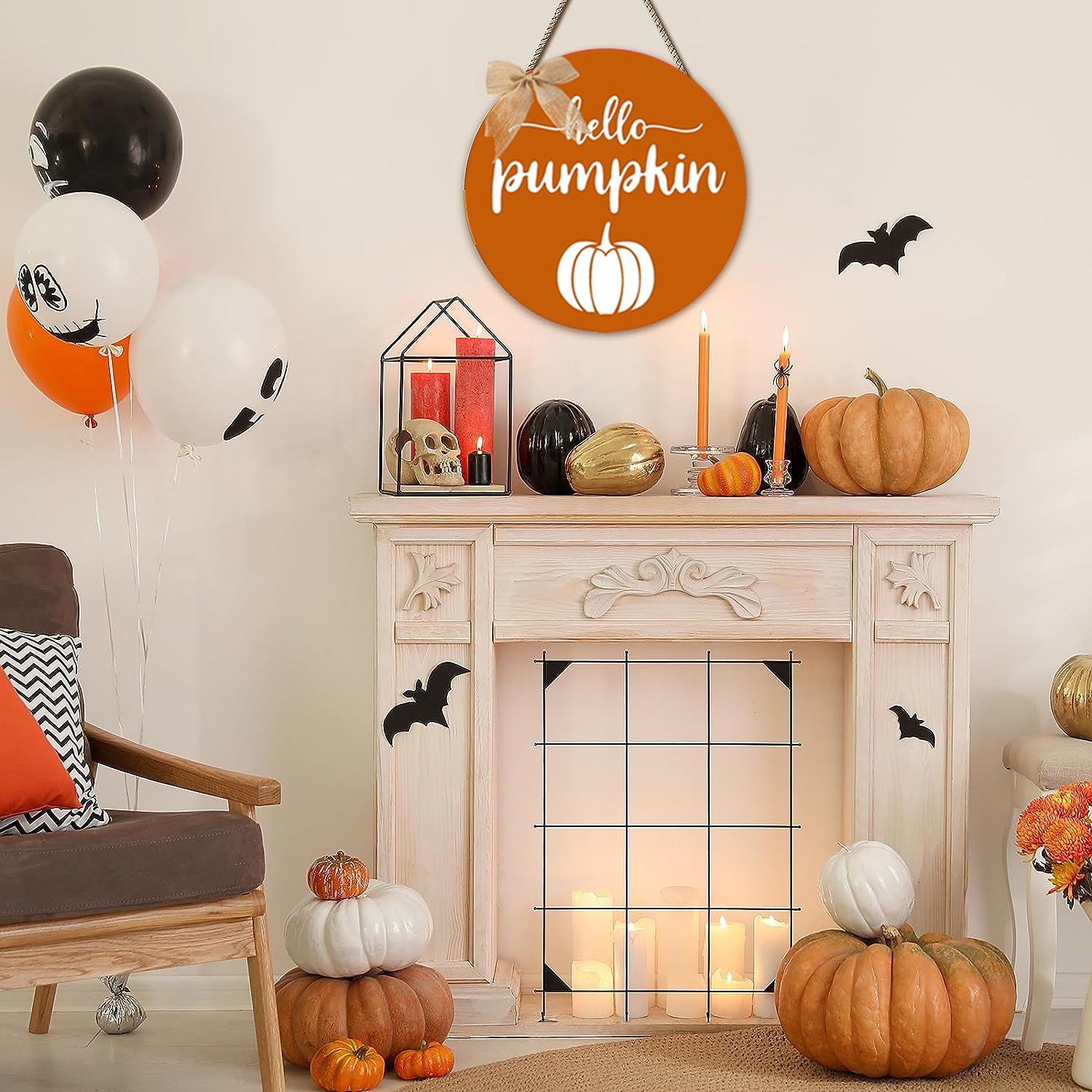 Thanksgiving Door Decorations Fall Decor - Hello Pumpkin Wall Sign Decorations - Wooden Door Hangers Wreath with Bow for The Hom