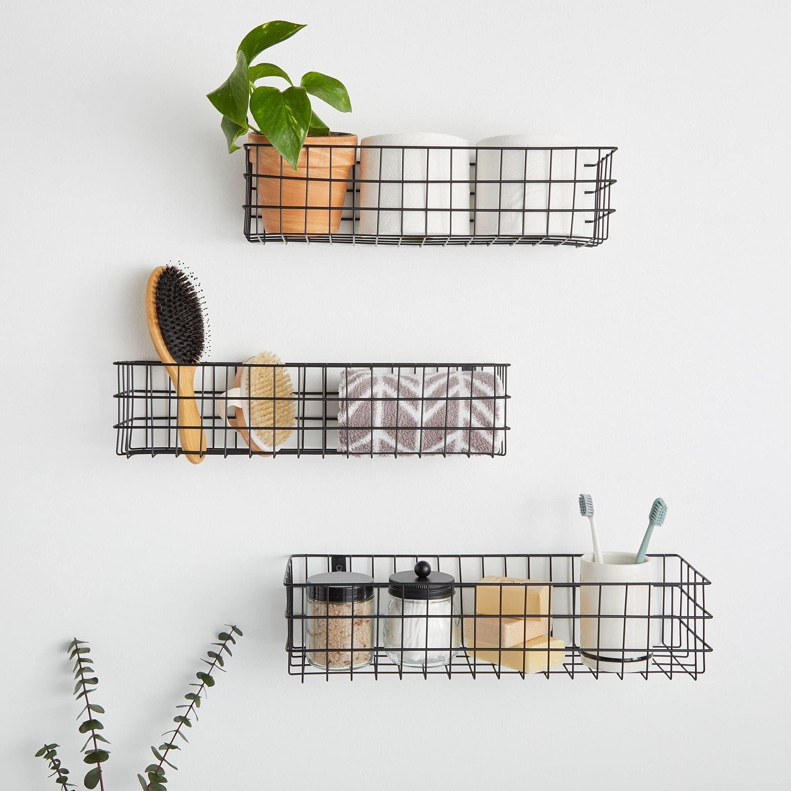 Black Wall Mounted Wire Baskets, Hanging Organizers For Kitchen Storage, Assorted Sizes (3 Pieces)