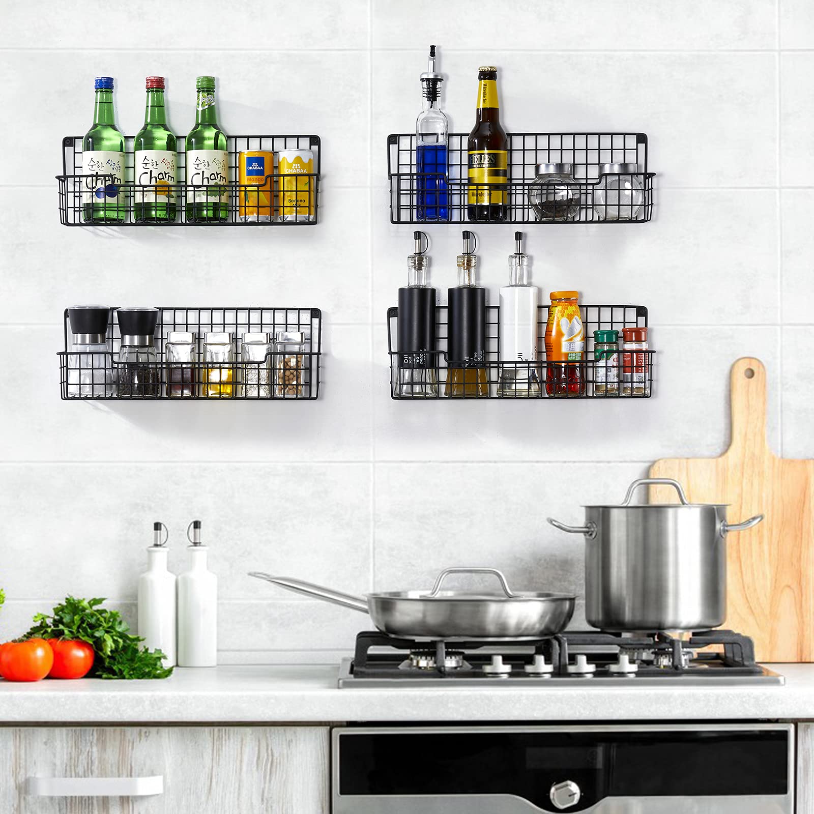 AURIKAR Spice Rack Wall Mount, Spice Organizer for Cabinet & Pantry Door, Set of 4 Hanging Spice Rack Saving Space for Kitchen,