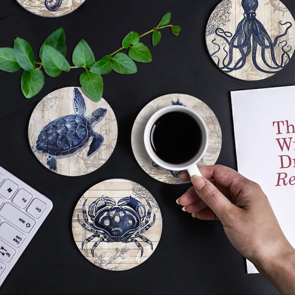 Absorbent Coasters Natural Ceramic Thirsty Stone Navy Blue Octopus Seahorse Crab Turtle Ocean Theme Coaster Set for Drinks Cork Backing (sea Animals)