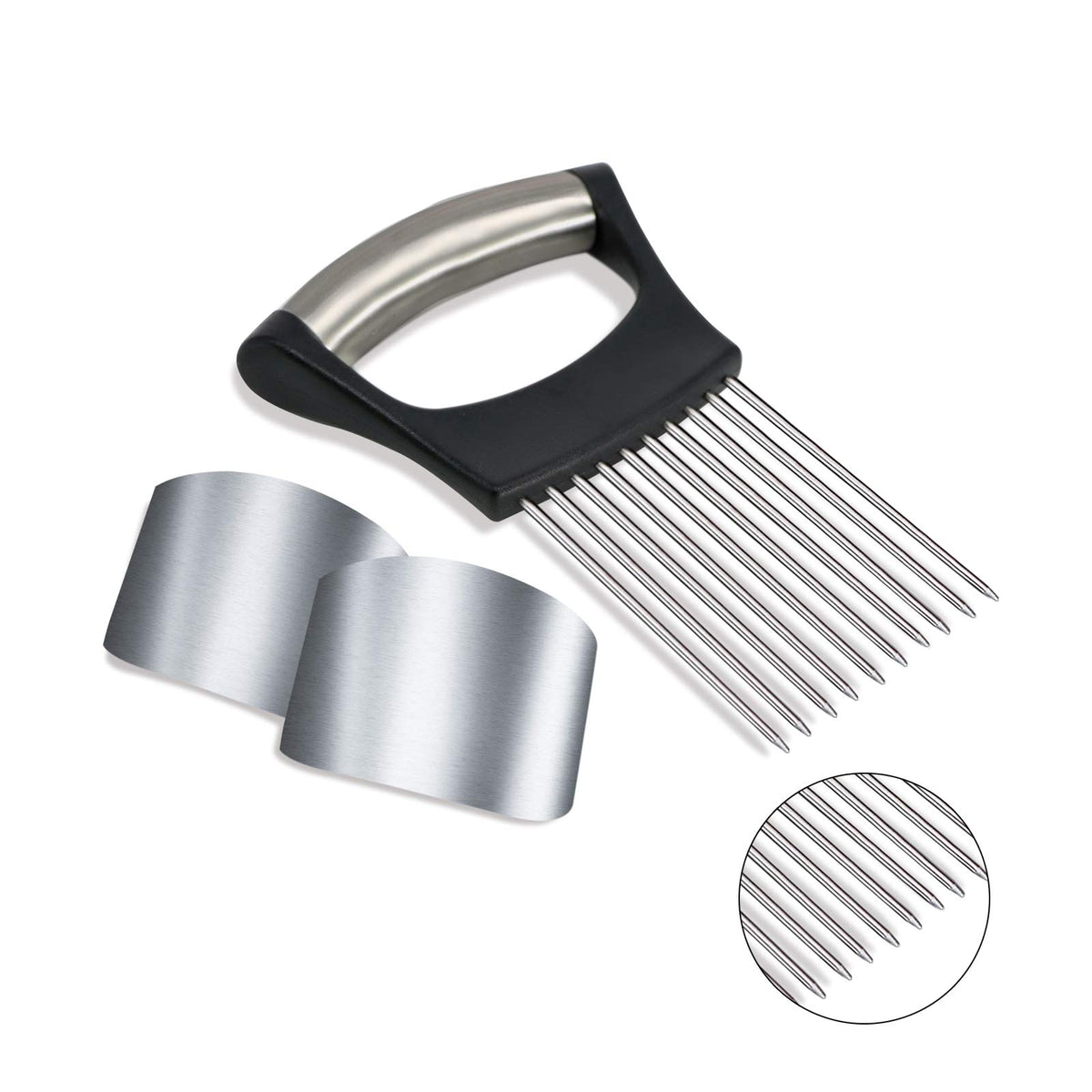 1Pcs Onion Holder Slicer, 2Pcs Finger Guard, Holder Slicer Vegetable For Onion, Tomato, Lemon, Meat, Onion Cutting Tool Stainles