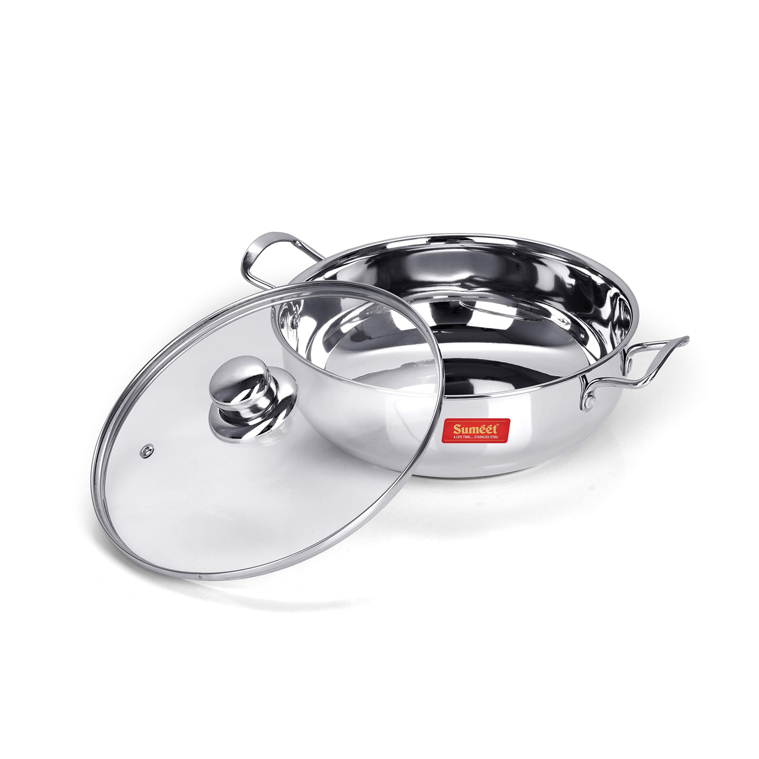 Sumeet Stainless Steel Induction Bottom (Encapsulated Bottom) Induction & Gas Stove Friendly Kadhai With Glass Lid Size No.15 (3