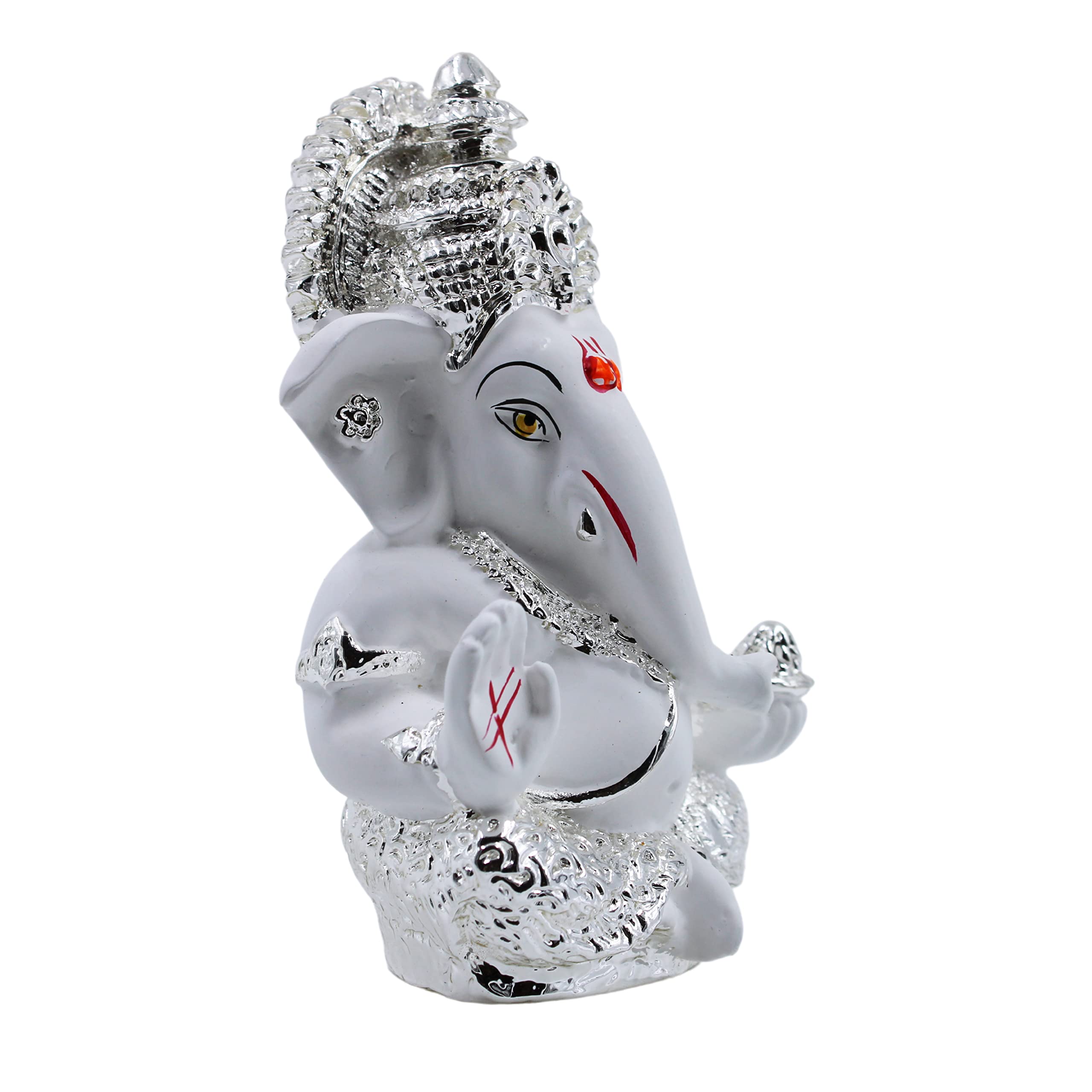 Karauli Collection Ceramic Ganesh Idol For Car Dashboard Silver Plated Ganesh Statue (Silver, 8X6Cm)