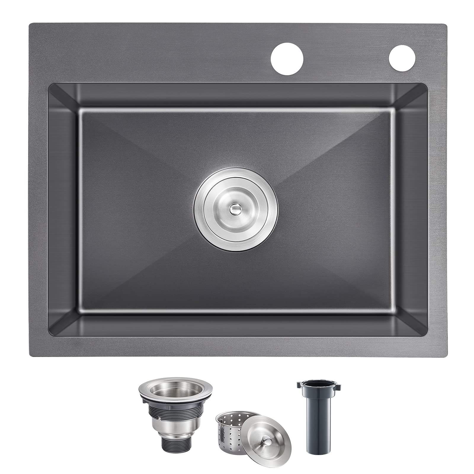 Menatt 24 Inch Drop-In Single Bowl Kitchen Sink Black, 304 Stainless Steel Handmade Topmount Kitchen Bar Sink, Residential Sink,