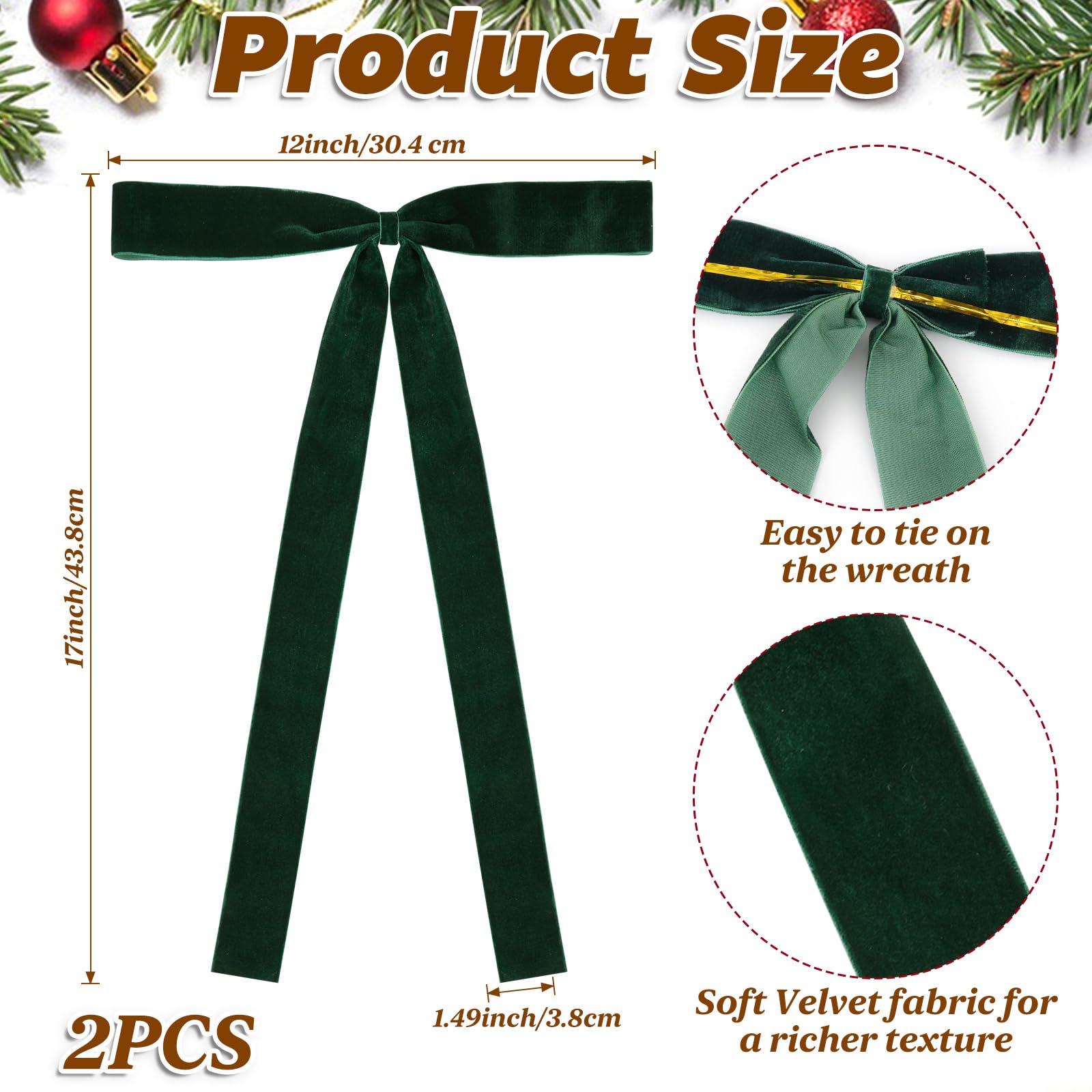HEAEUNK 2 Pcs Large Dark Green Velvet Christmas Bows, 12x17 Long Green Velvet Bows for Christmas Tree, Swag Bows for Mantel, Fro