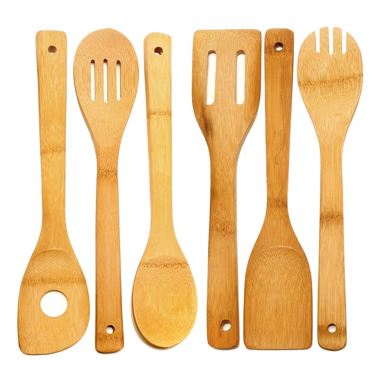Perfectware Wooden Spoon And Spatula Set. Pack Of 6. 6-Piece Bamboo Utensil Set.Wood Spatula Spoon Nonstick Kitchen Utensil Set.