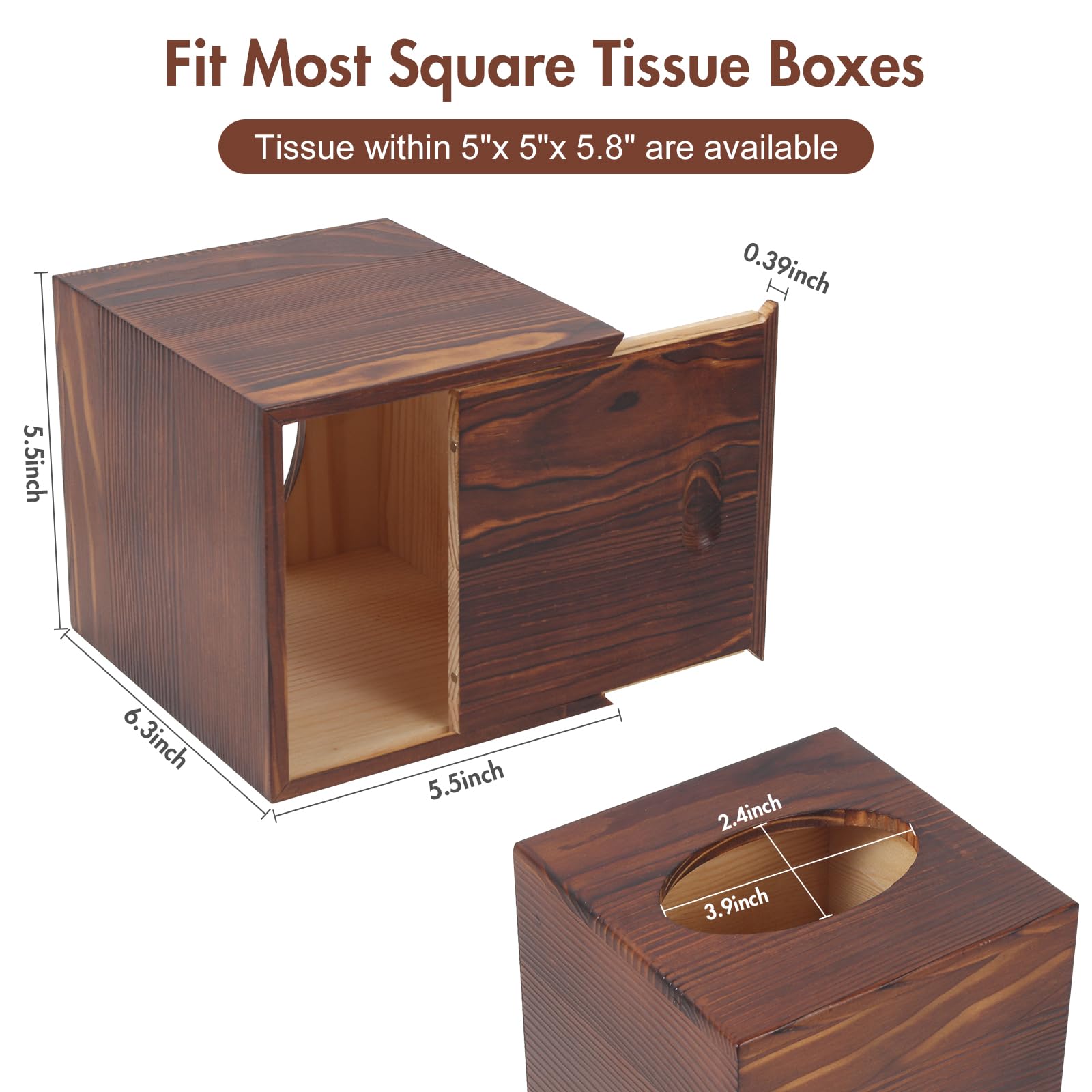 Reviaras Tissue Box Cover, Pine Tissue Box Cover With Slide-Out Bottom, Tissue Box Cover Square For Bathroom, Bedroom, Dinner Ta
