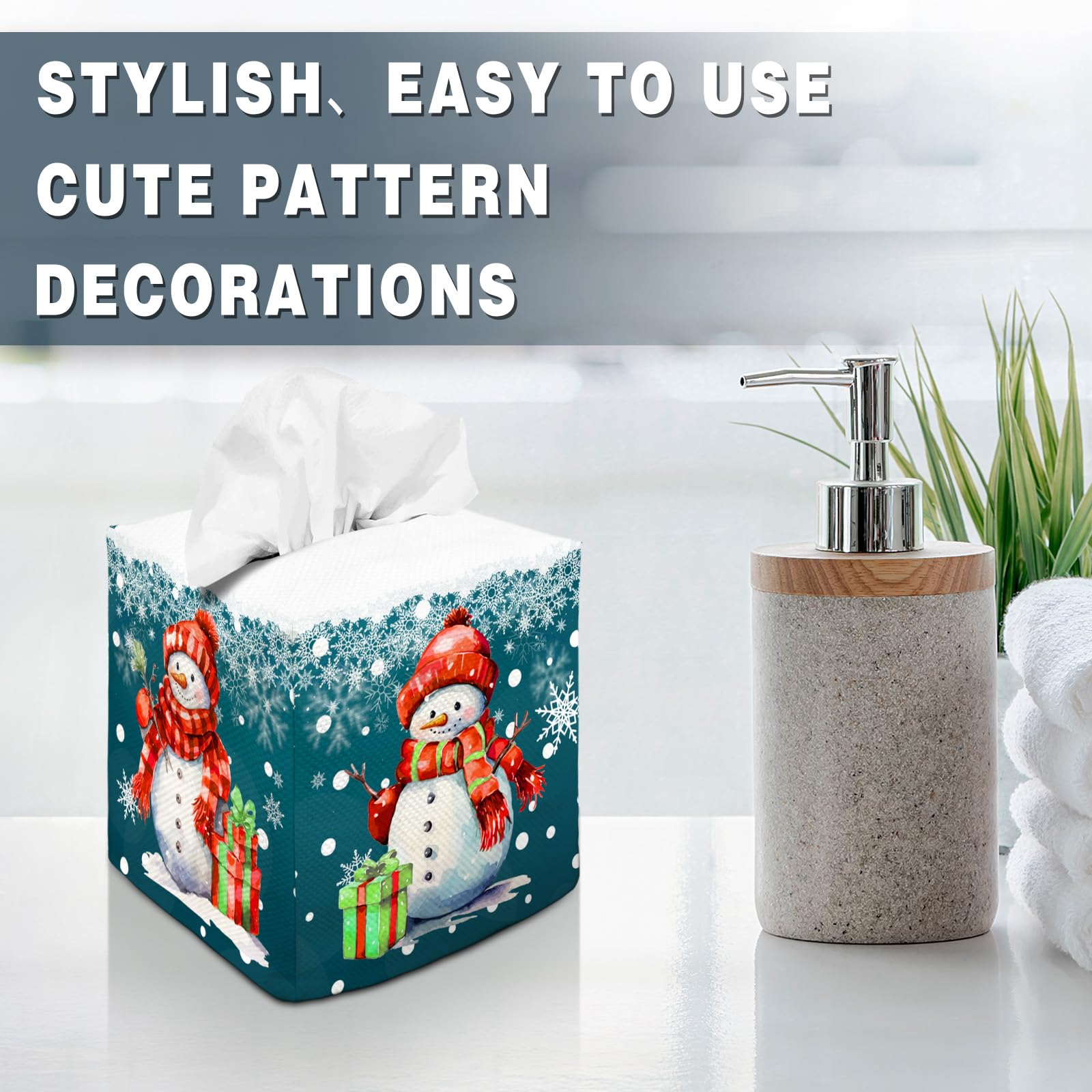 Tissue Box Cover Square Canvas Decorative Tissue Box Holder Cute Funny Cube Tissue Case Cover-Xmas Decor Christmas Snowman Tissu