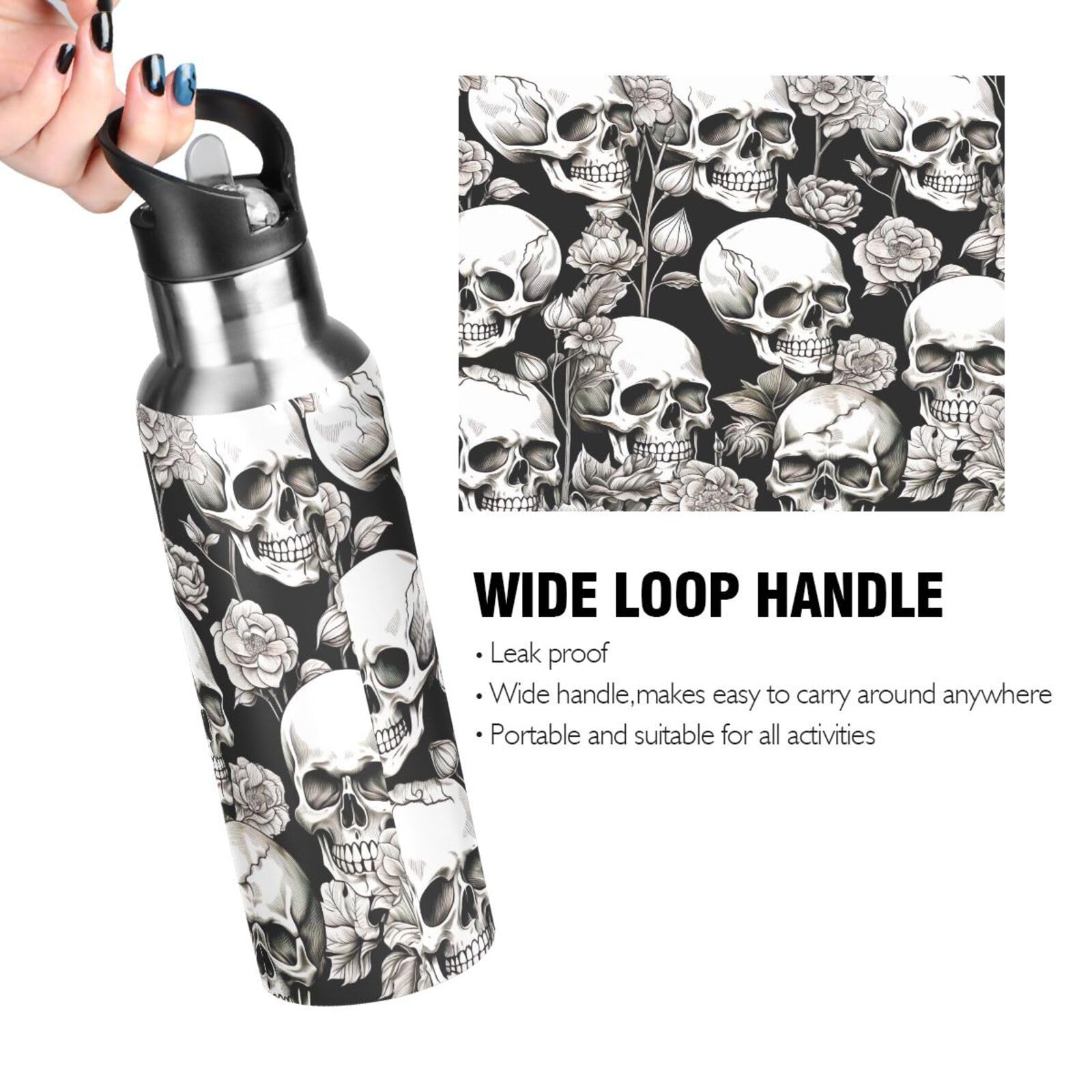 Wellday Water Bottle White Skull Double Wall Vacuum Insulated Flask Stainless Steel With Straw Lid 20Oz