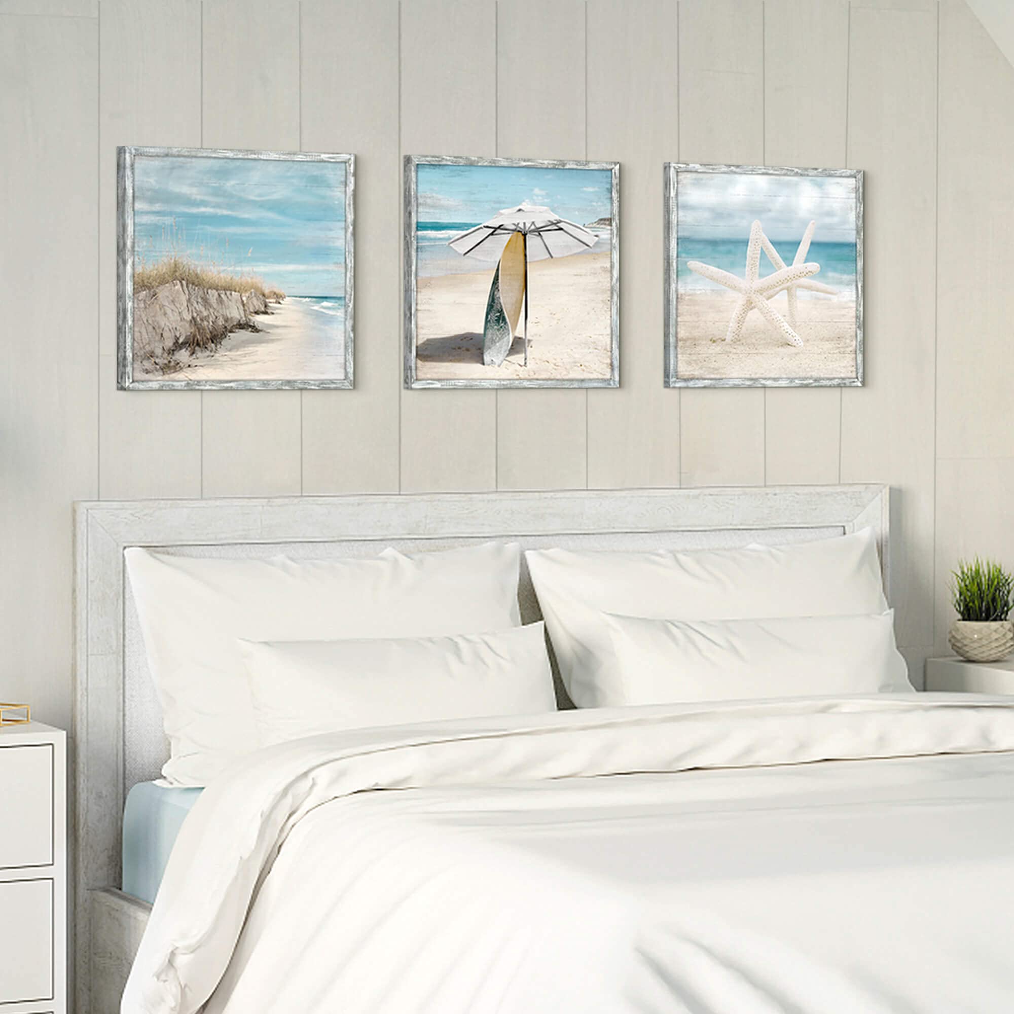 Beach Pictures Wooden Wall Art: Ocean Artwork Home Decor Set Of 3 Seascape Pathway Surfboard Starfish Collection Prints For Bedr