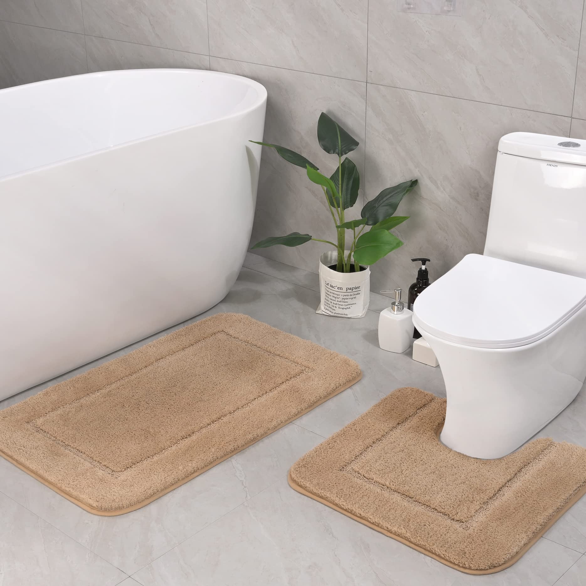 Lochas Bathroom Rug Set Beige, Soft Bath Rug Set 2 Piece Set, Toilet Mat U-Shaped 20X20 And 34X20 Bathroom Rugs, Quickly Dry Mat