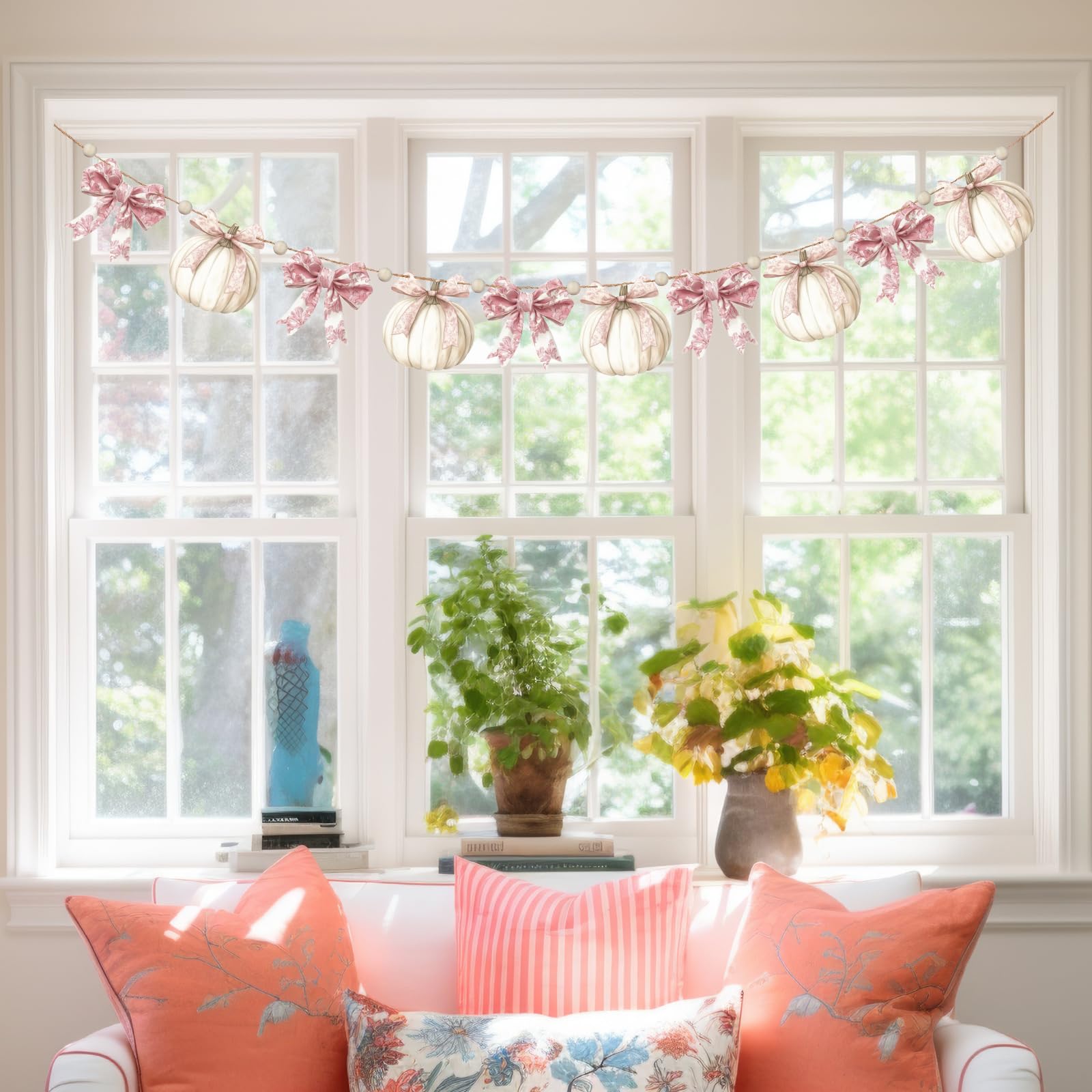 Cinnvoice 8.2 ft Fall Decorations Wooden Bow Pumpkin Garland Pink Bow Banner Thanksgiving Fall Banner Rustic Farmhouse Wood Bead