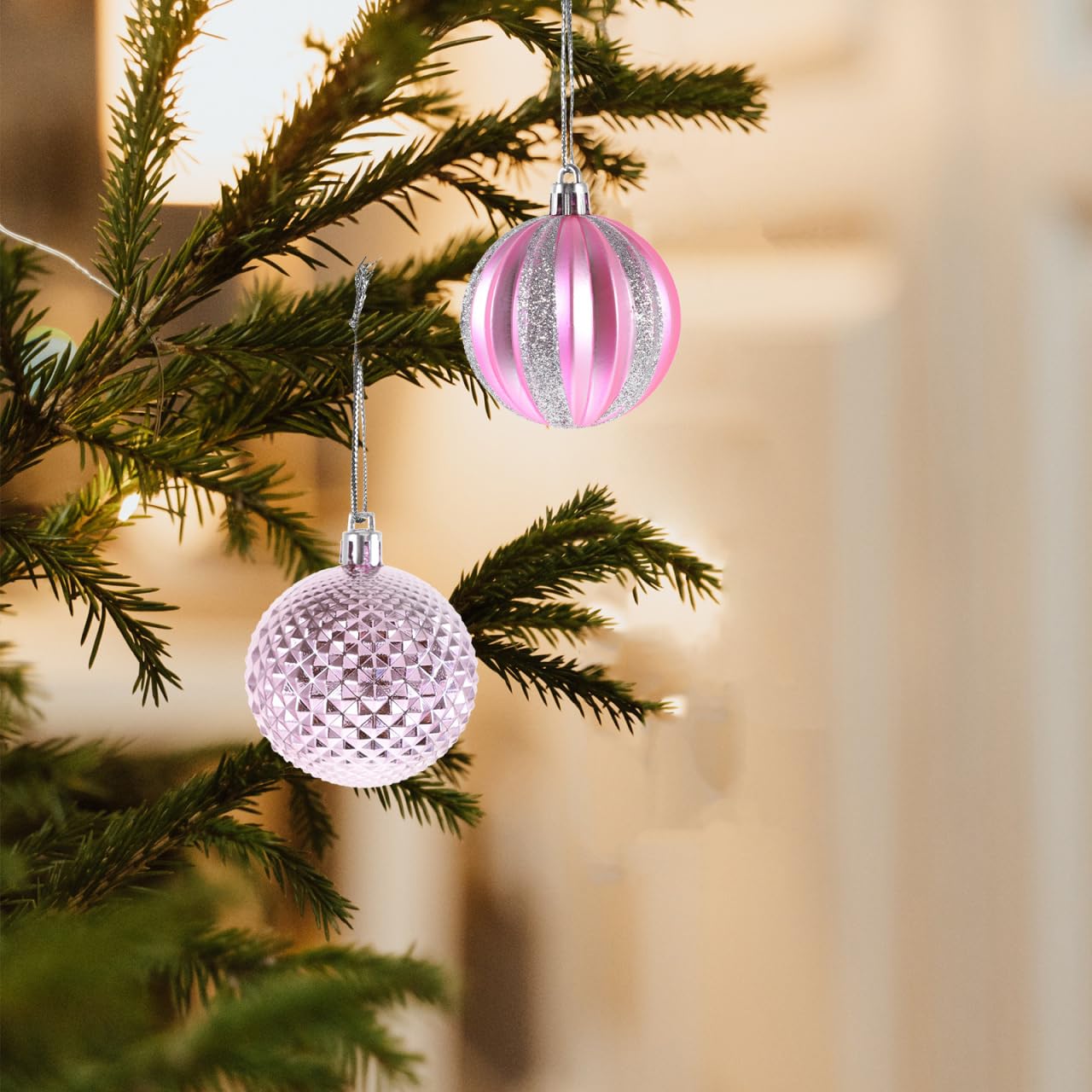 HOMSFOU 12Pcs Pink Christmas Ball Ornaments - 2.36 Inch Shatterproof Xmas Tree Decorations with Hanging Loop for Holiday, Home,