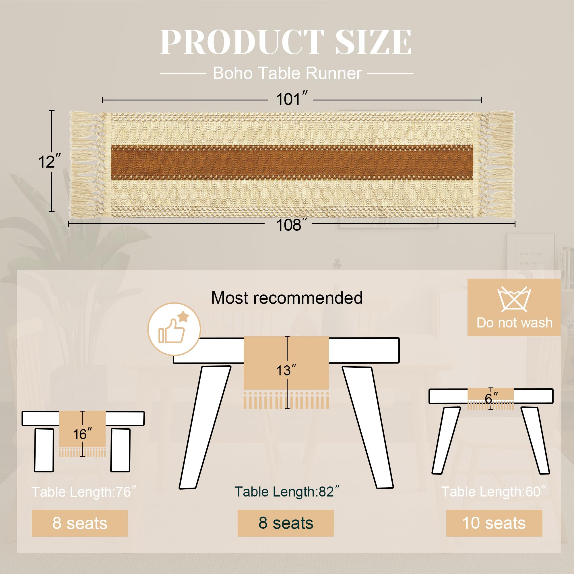 FEXIA Boho Table Runner for Home Decor with Tassels 108 Inches Long,Caramel Farmhouse Rustic Table Runner Macrame Burlap Table D