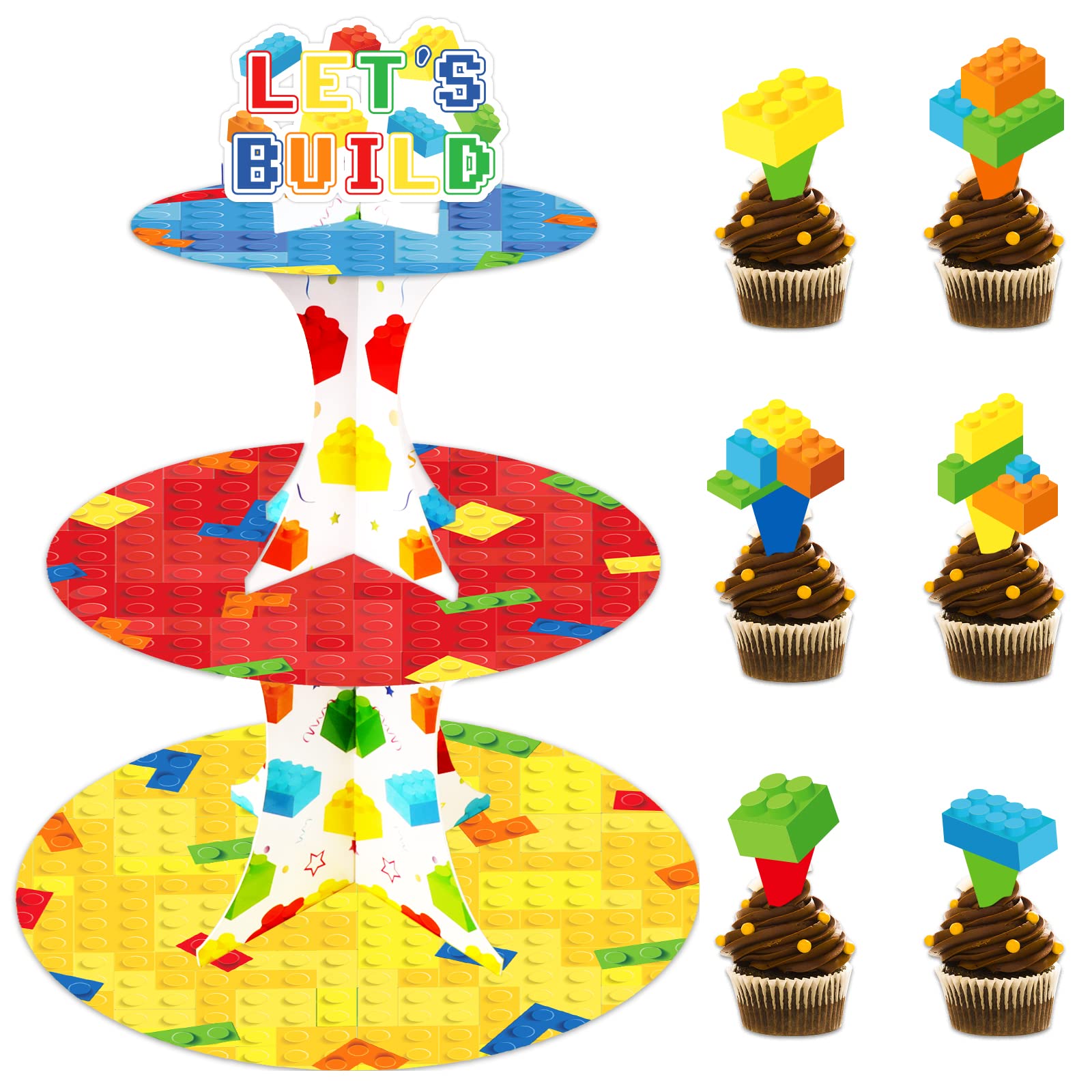 Building Block Cupcake Stand With 24Pcs Cupcake Toppers For Blocks Birthday Party Decorations 3 Tire Brick Themed Cupcake Desser