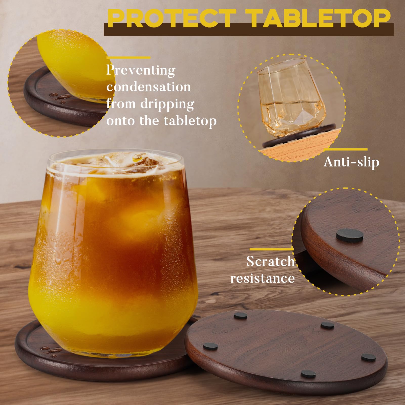 Wood Drink Coasters with Metal Holder  GOH DODD 4 Inch 8 Pieces Wooden Coasters Cup Coaster Set for Bar Kitchen Home Apartment  Walnut Wood