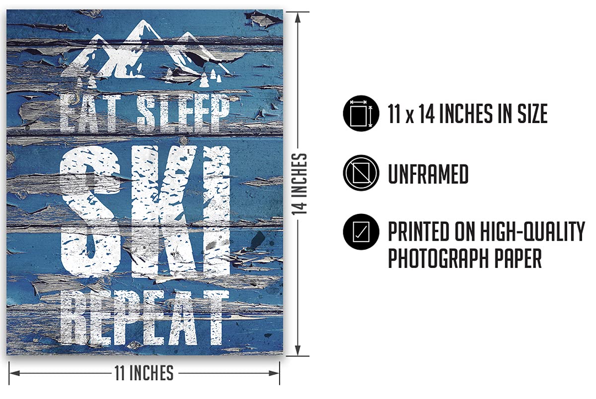 Eat Sleep Ski Repeat Home Decor - Ski Room Decor - Mountain Wall Art For Farmhouse Decor - Rustic Skiing Teen Room Decor - Lodge