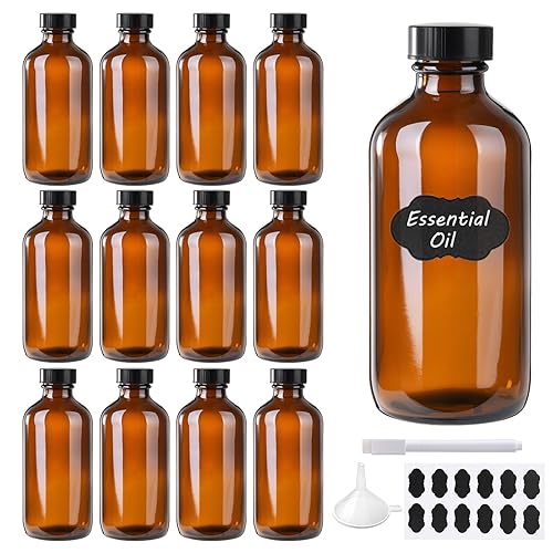 BPFY 12 Pack 8 oz Glass Boston Bottle With Black Poly Cap  Funnel  Chalk Labels  Pen  Dispensing Bottles for Homemade Vanilla Extract  Essential Oils  Herbal Medicine  Wedding Christmas Decor (Amber)