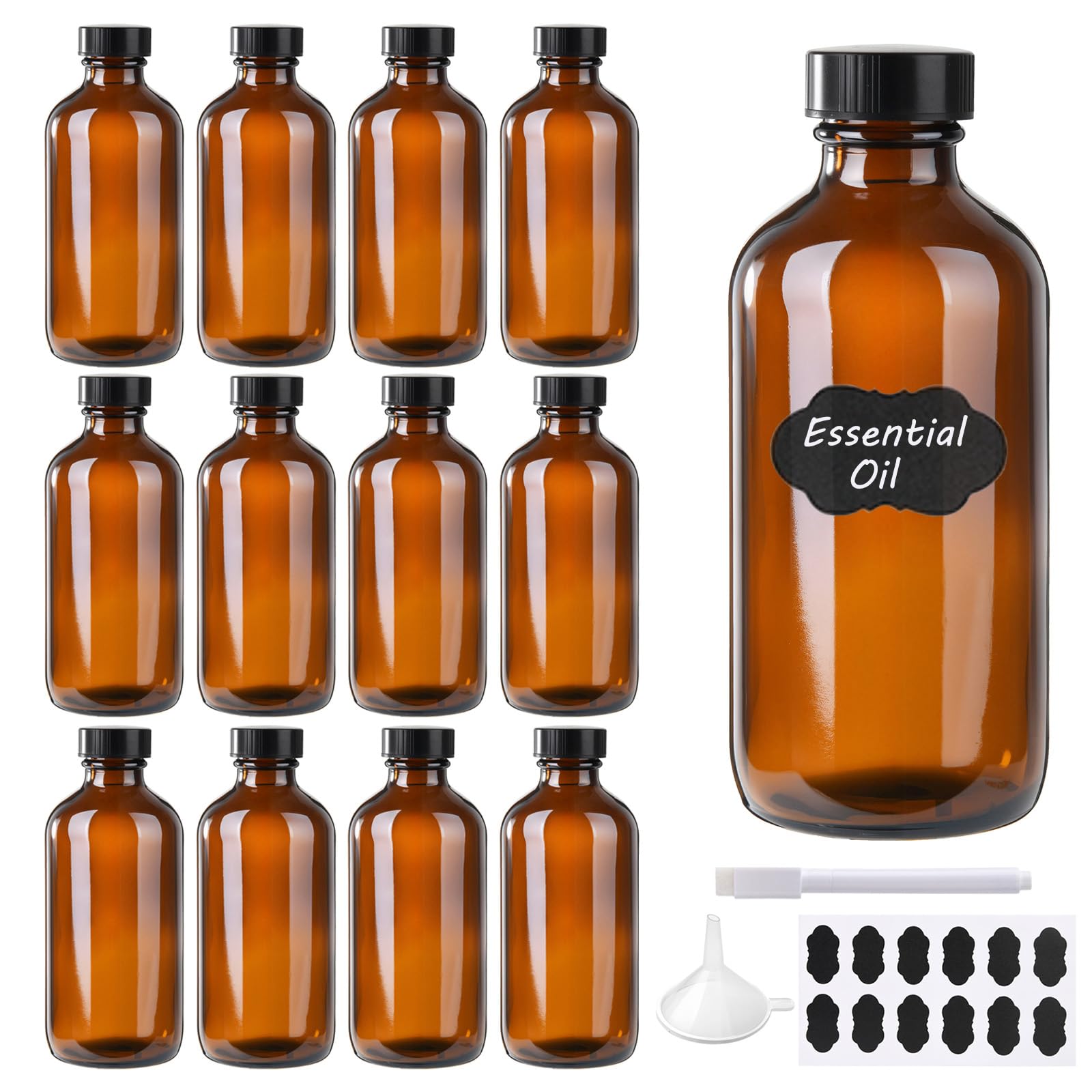 BPFY 12 Pack 8 oz Glass Boston Bottle With Black Poly Cap  Funnel  Chalk Labels  Pen  Dispensing Bottles for Homemade Vanilla Extract  Essential Oils  Herbal Medicine  Wedding Christmas Decor (Amber)