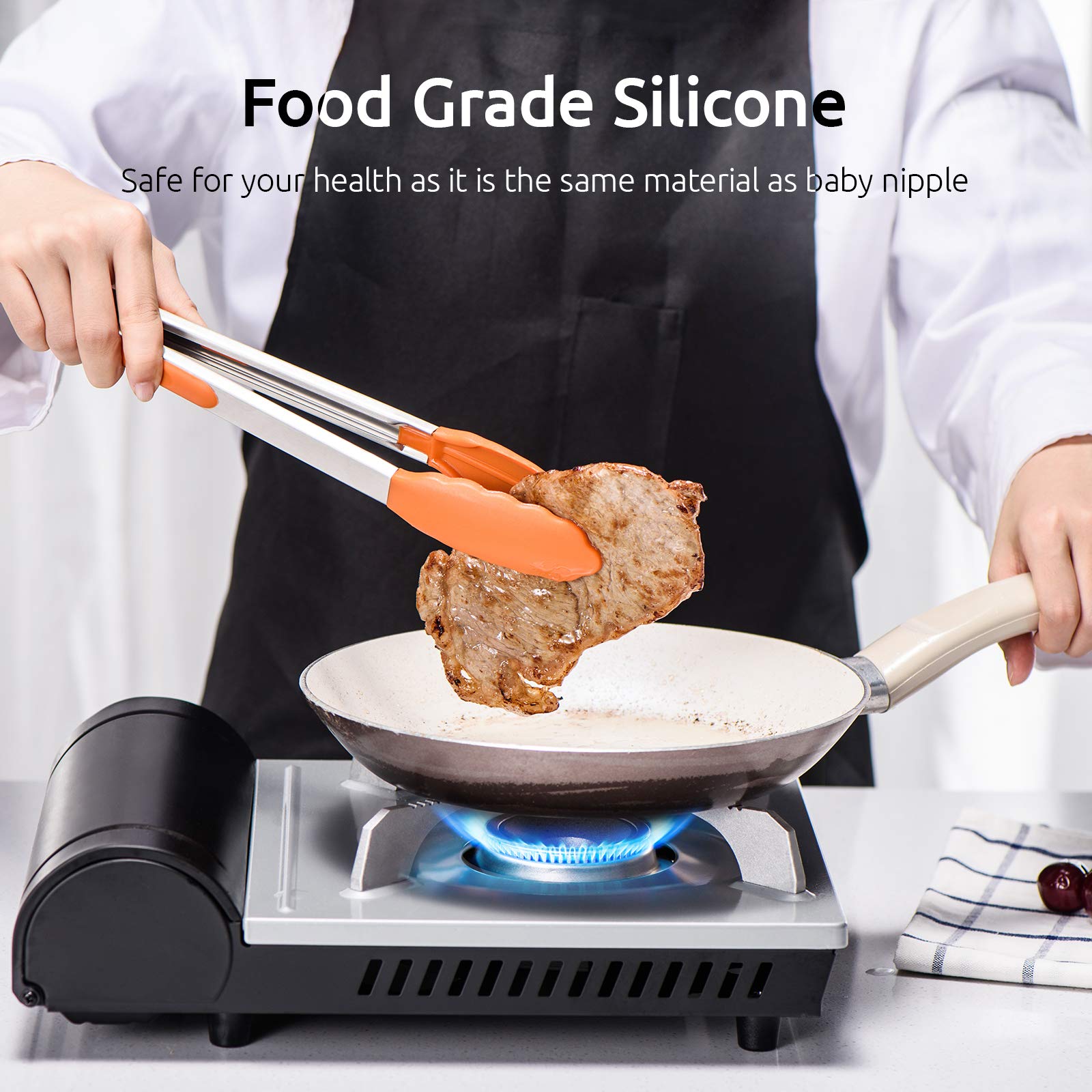 Kitchen Tongs, U-Taste 7/9/12 Inches Cooking Tongs, With 600F High Heat-Resistant Non-Stick Silicone Tips, 18/8 Stainless Steel