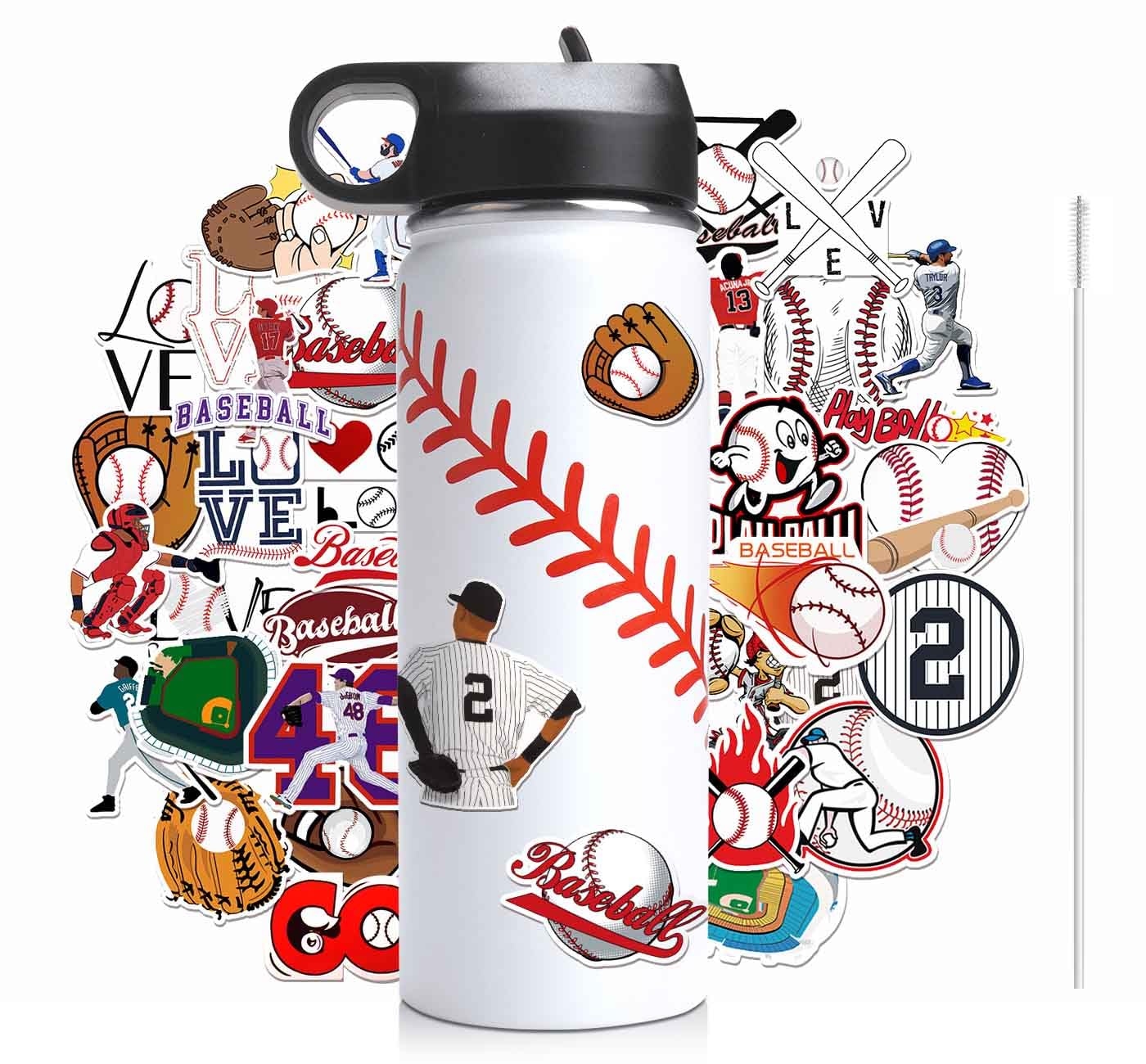 NJGCPRO Baseball Water Bottles for Boys, Stainless Steel Baseball Water Bottle Gifts Stuff for Boys & Kids with 50Pcs Stickers (