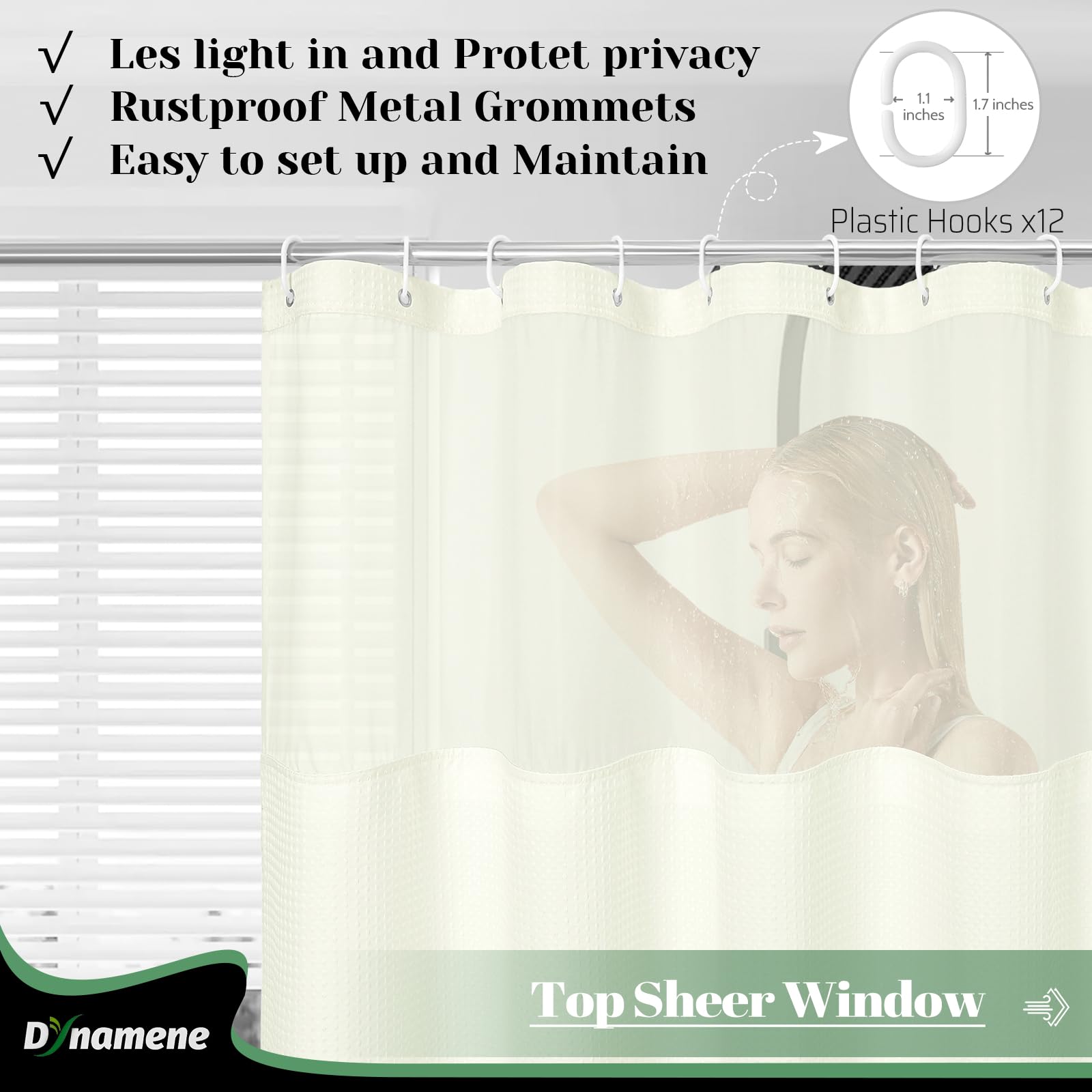 Dynamene Fabric Shower Curtain With Snap In Liner, Cream Waffle Hotel Shower Curtains For Bathroom, Washable Waterproof Cloth Sh