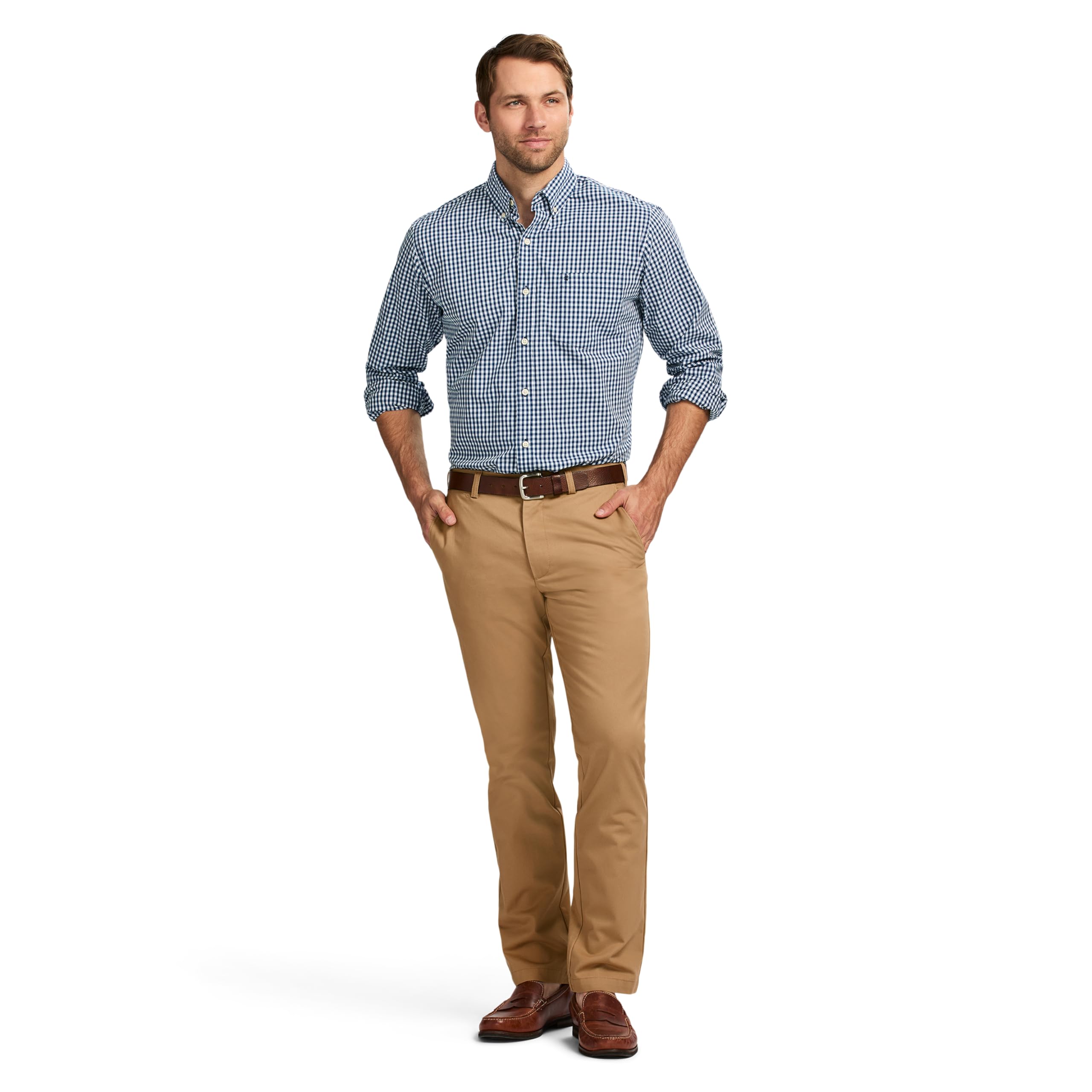 Izod Mens American Chino Flat Front Straight Fit Pant, English Khaki, 34W X 32L