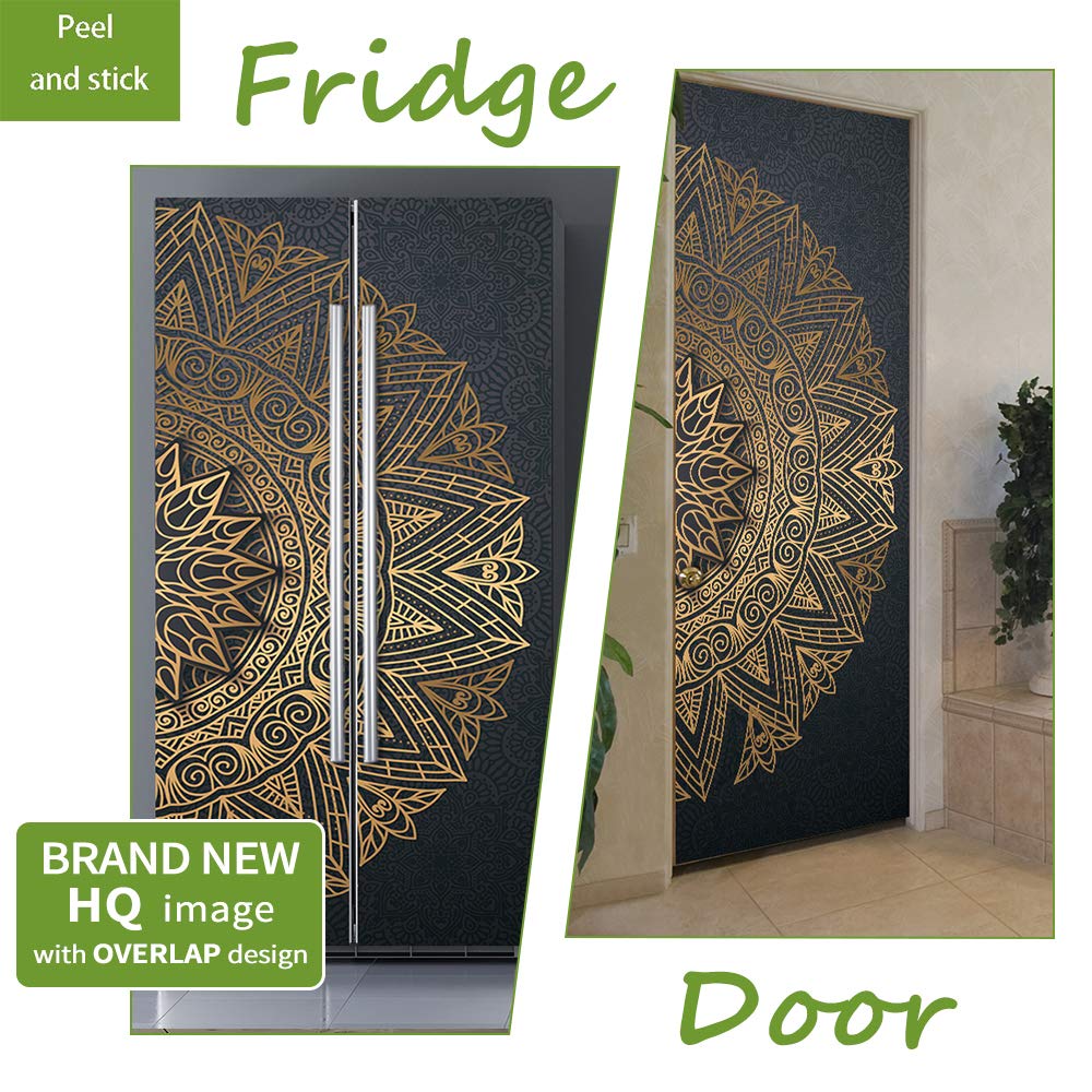Vintage Art Self Stick Vinyl Door Mural Sticker, Peel And Stick Removable Refrigerator Wrap Decal, Noble Mandala, 32.3X78.7, 2 P