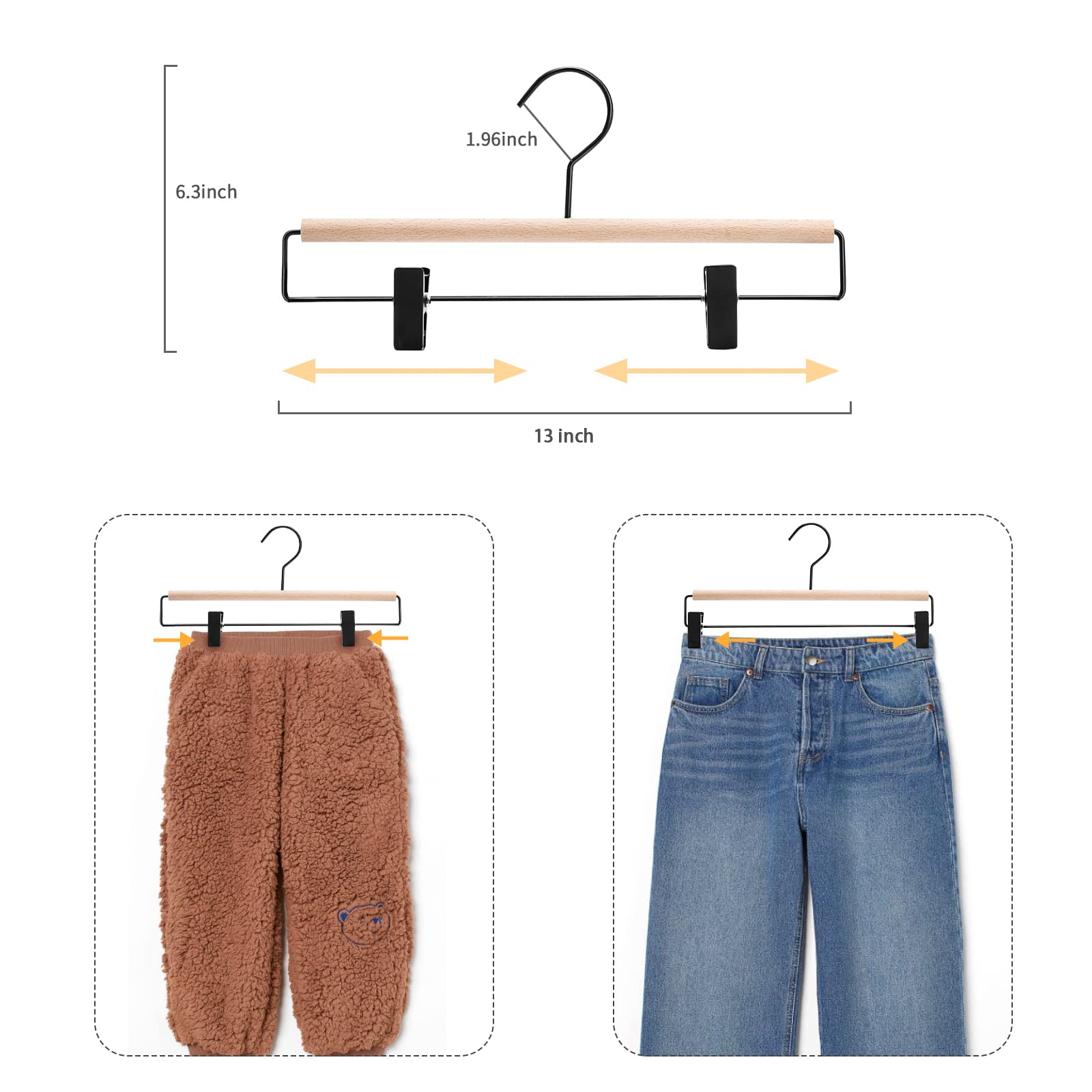 Nature Smile Deluxe Beech Wooden Pants Hangers Bottom Hanger Jeans Hanger Trousers Skirt Hanger With 2-Adjustable Black Matt Cli