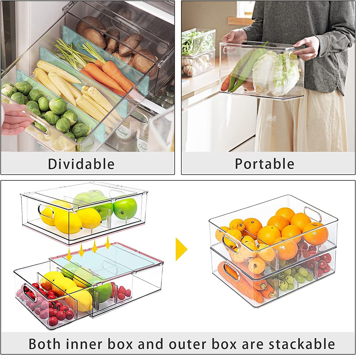Minesign 2Pack Stackable Fridge Drawers Pull-Out Bins Divided Produce Saver Containers For Refrigerator Storage Organizers For V