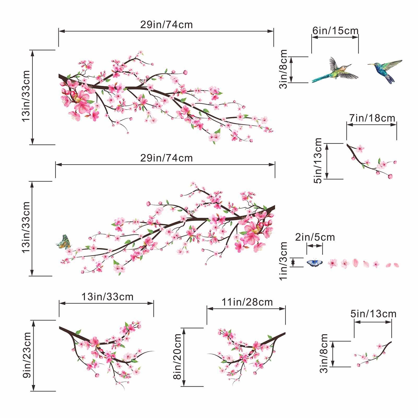 Amimagen Pink Watercolor Cherry Blossom Wall Stickers - Tree Branch Flower Birds Wall Decals - Bedroom Living Room Sofa Tv Backg