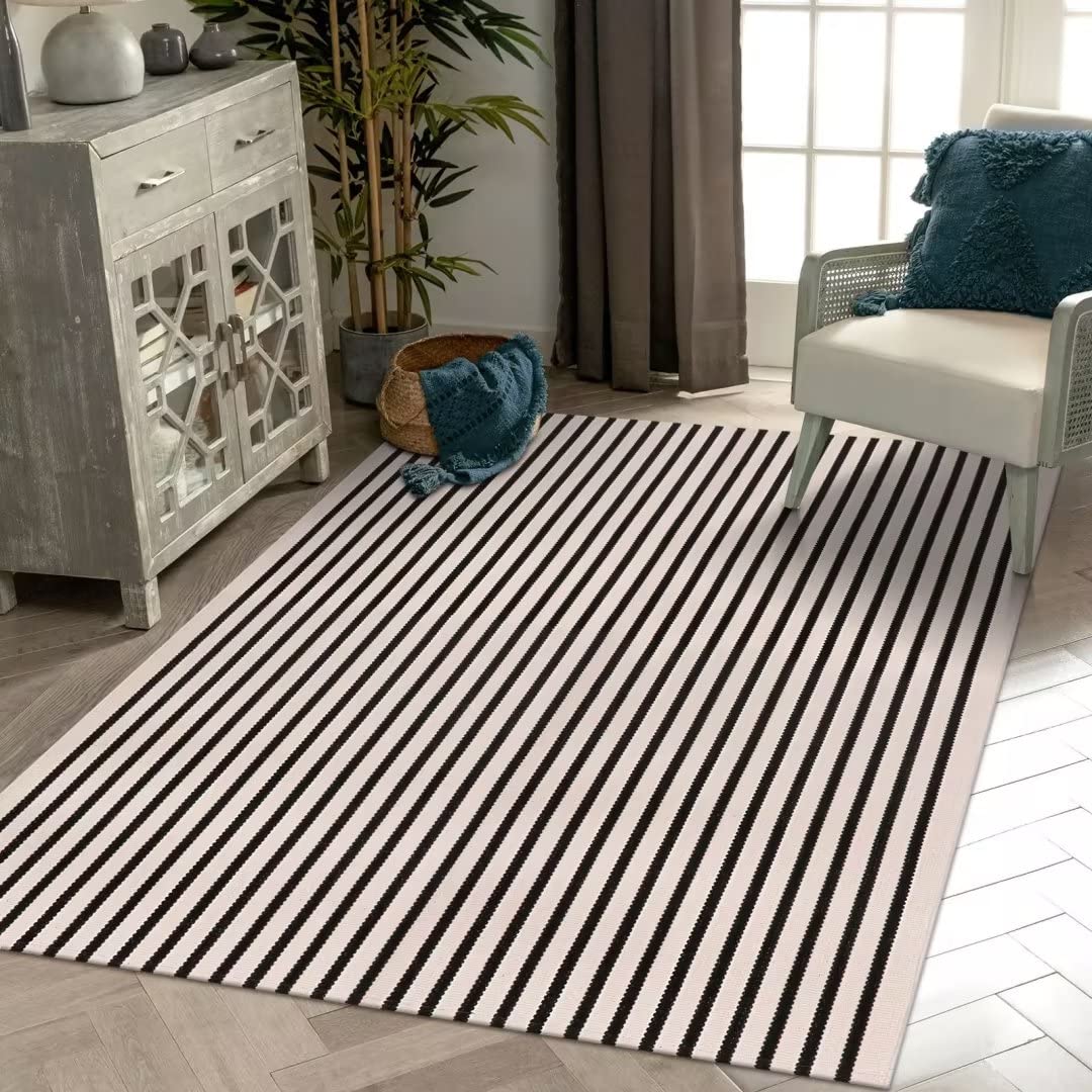 LEEVAN Washable Area Rug 5x8 Living Room Area Rug Soft Bedroom Rug Black and White Striped Rug for Kitchen Dining Room Playroo