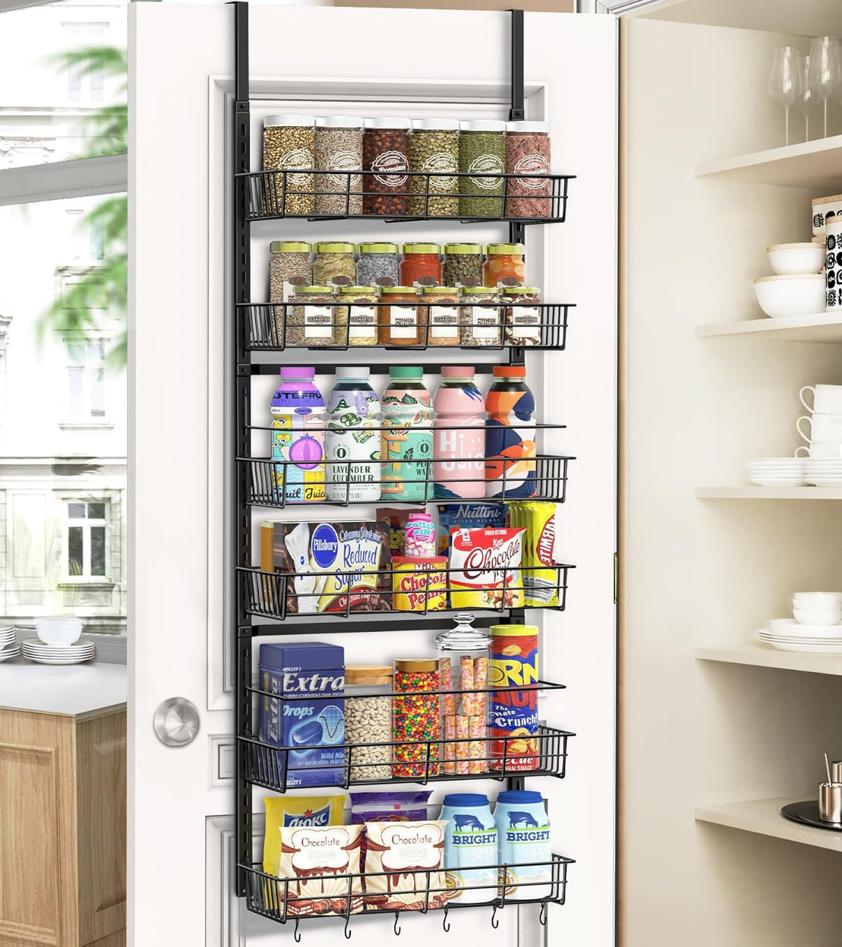 Mefirt Over The Door Pantry Organizer, Pantry Hanging Storage and Organization, 6 Adjustable Baskets Heavy-Duty Metal Wall Mount